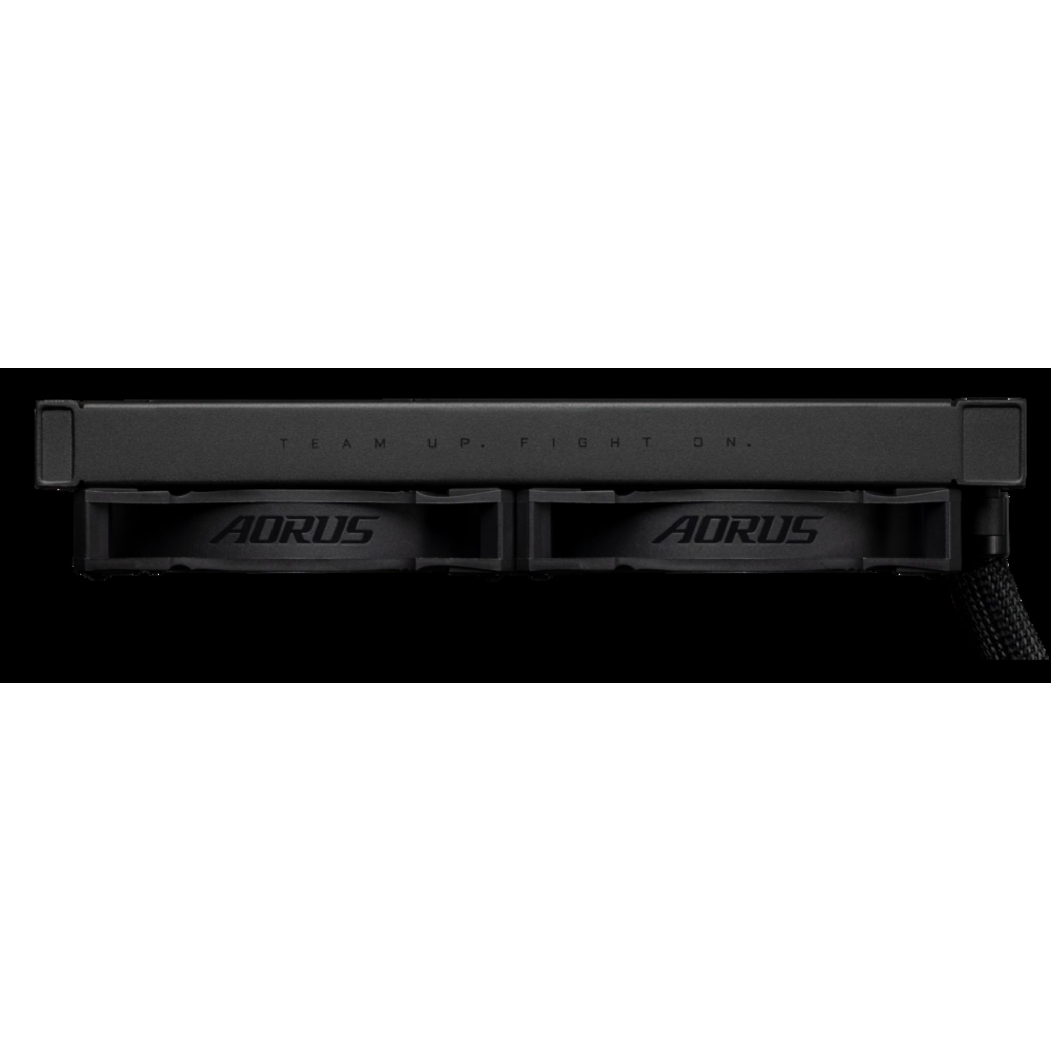 Schwarze PC-Komponente mit zwei Lüftern, das Wort AORUS ist auf jedem Lüfter sichtbar, und der Text TEAM UP. FIGHT ON. ist sichtbar.