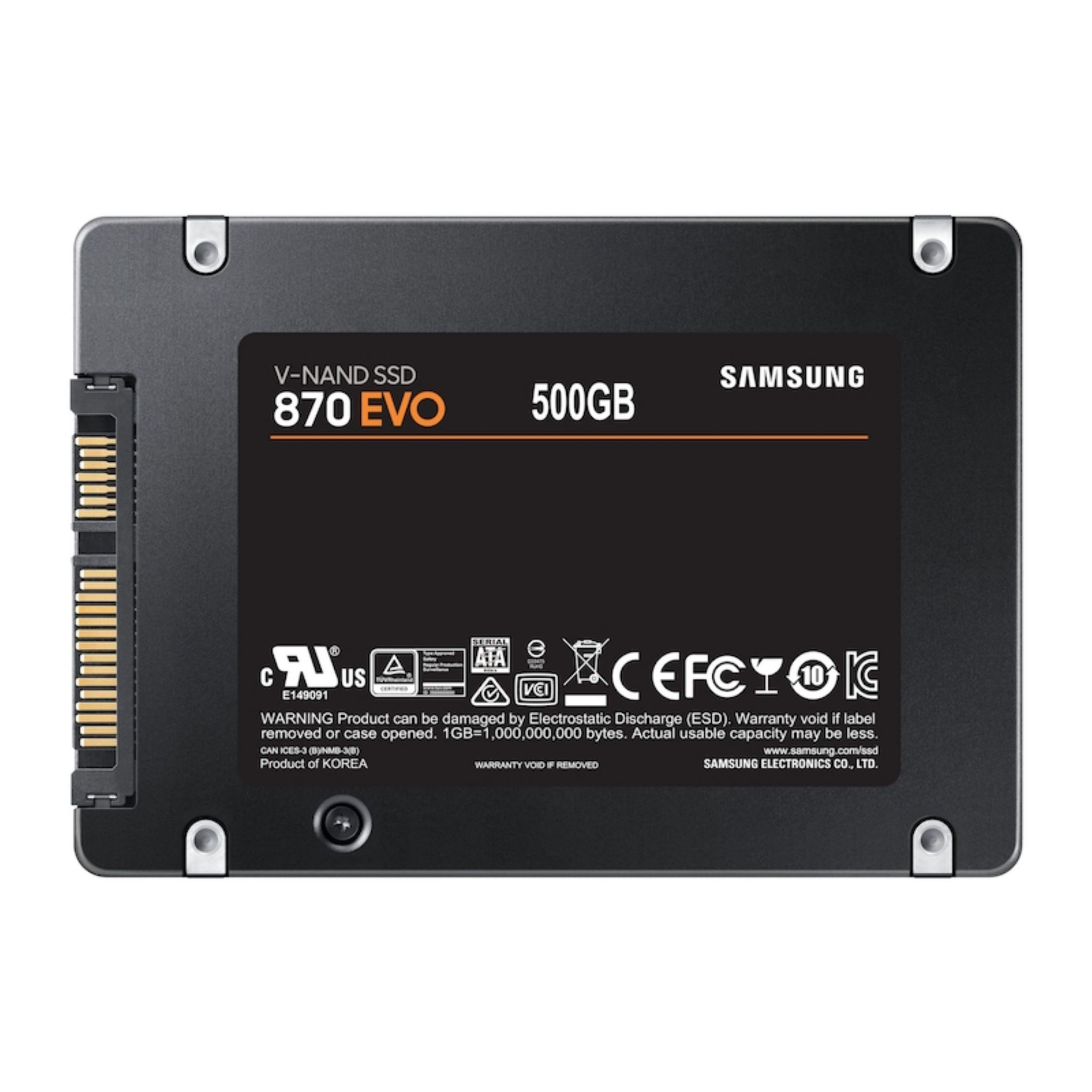 Czarny dysk SSD Samsung 870 EVO 500 GB z etykietami, ostrzeżeniami i logo.