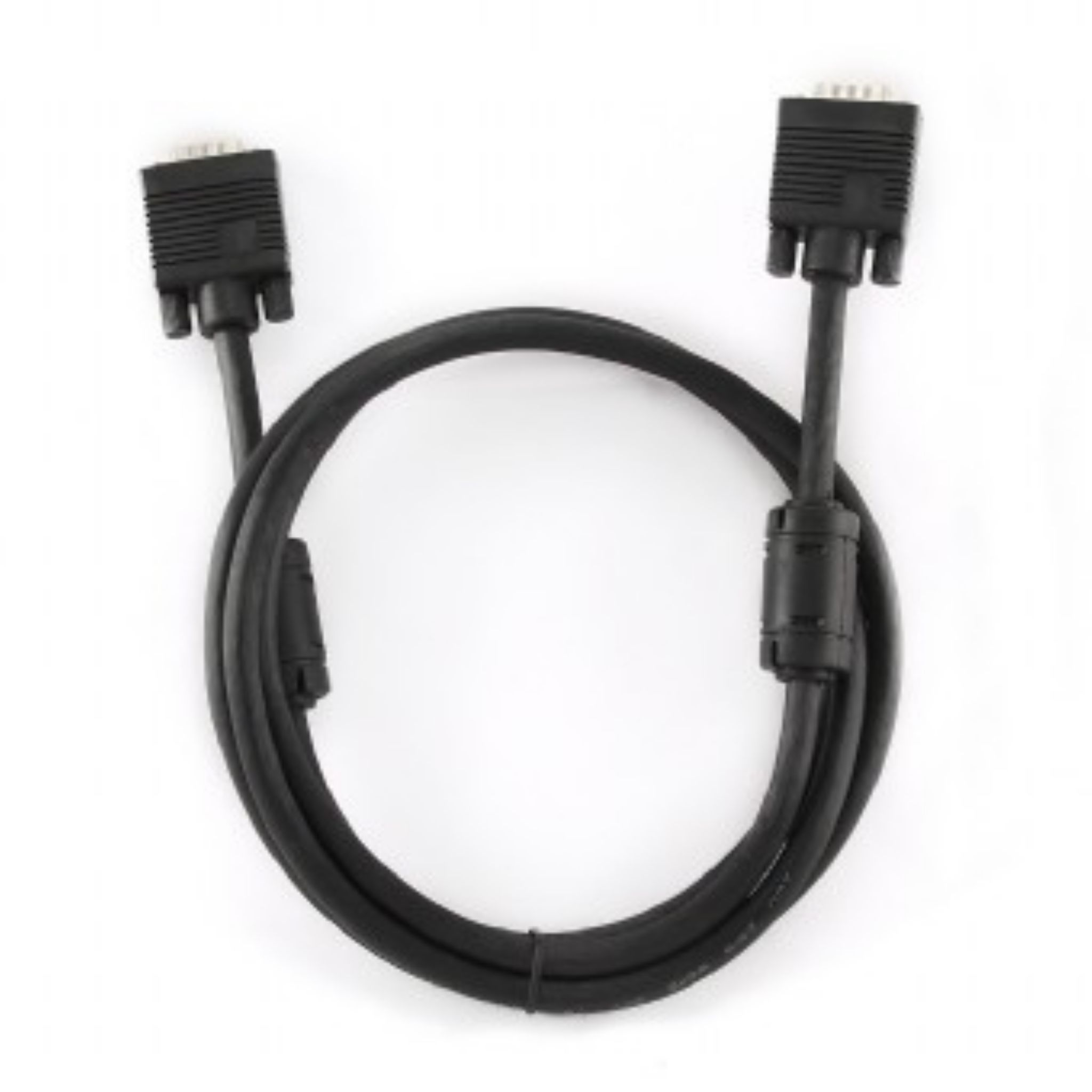 Un cable VGA negro con dos conectores, sobre un fondo blanco.