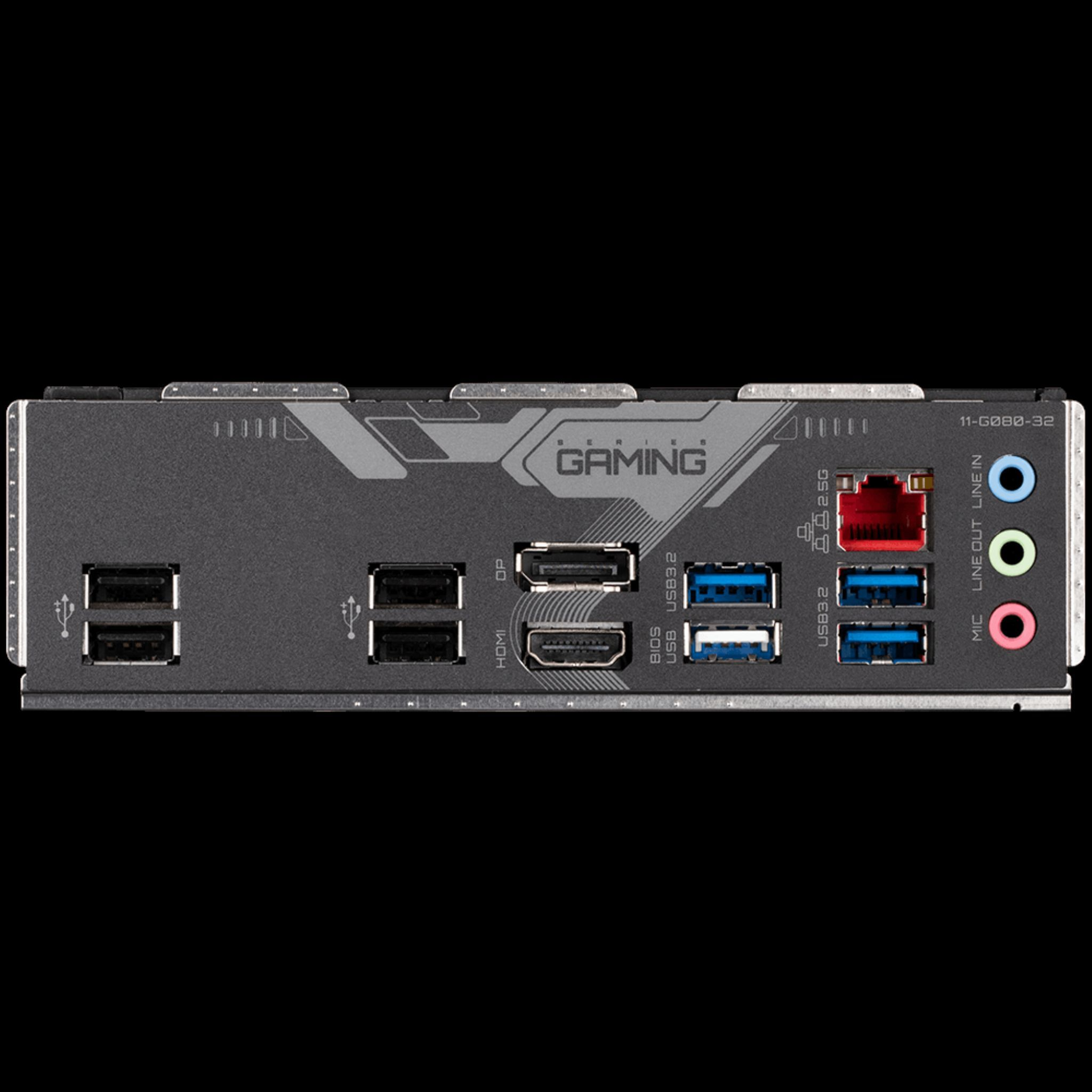 Portları olan siyah anakart. USB, HDMI ve ses portları içerir.