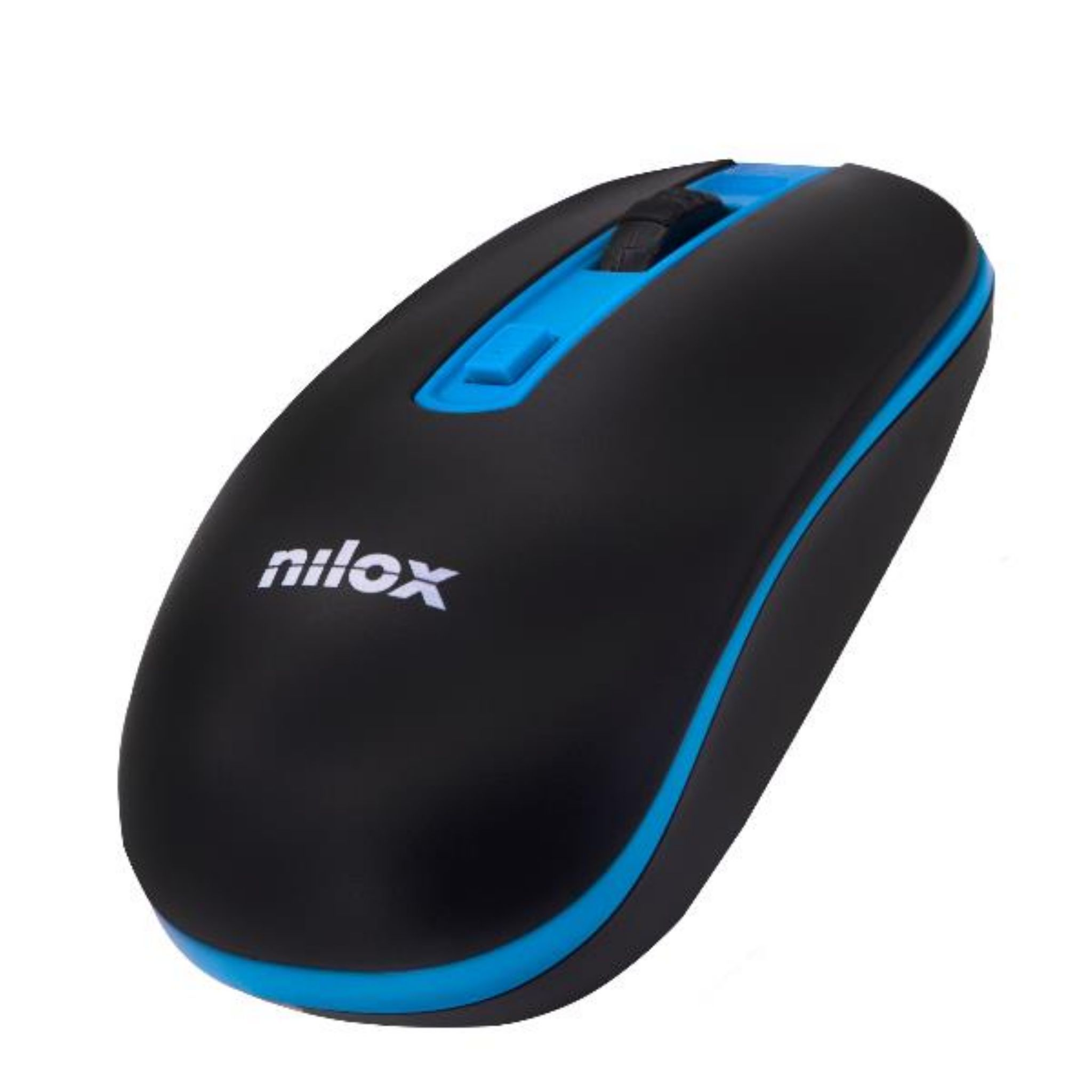 Mouse wireless Nilox nero e blu. Il mouse ha una rotella e un bordo blu.