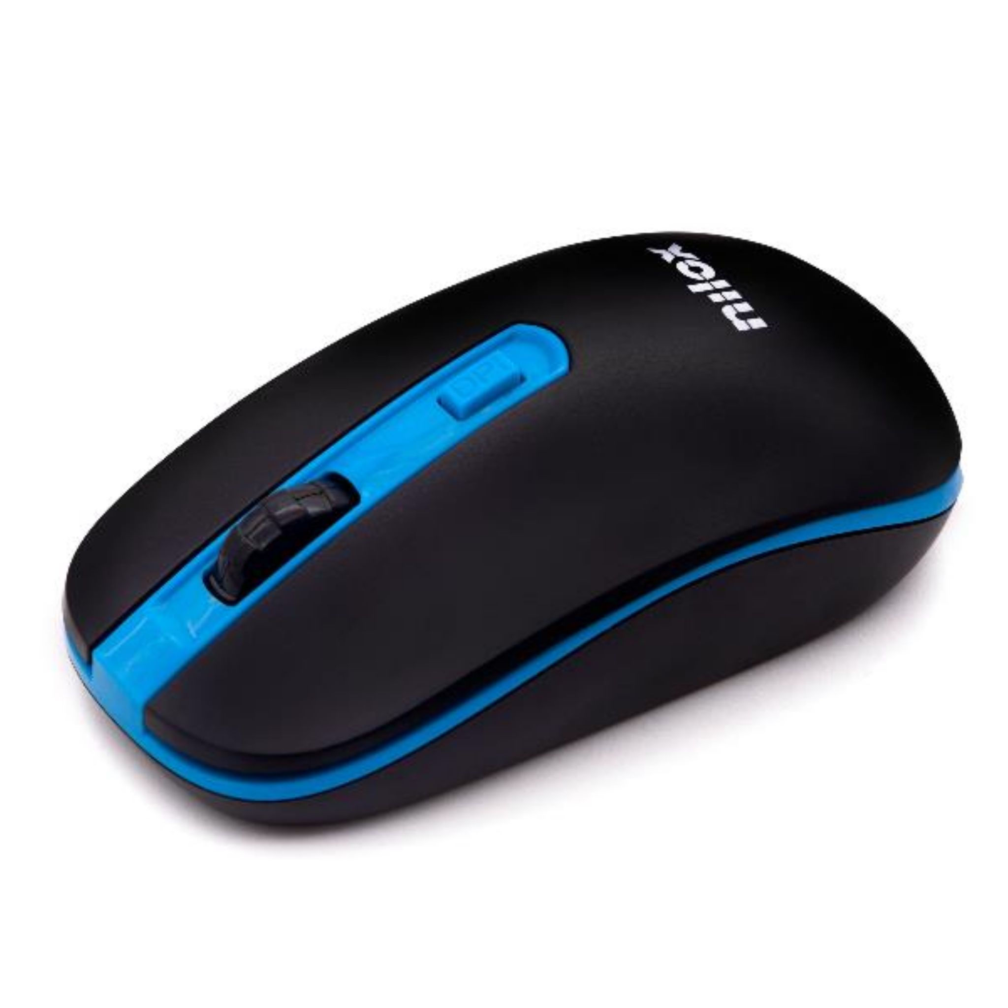 Mouse wireless nero e blu. Ha una rotella di scorrimento e il nome del marchio.