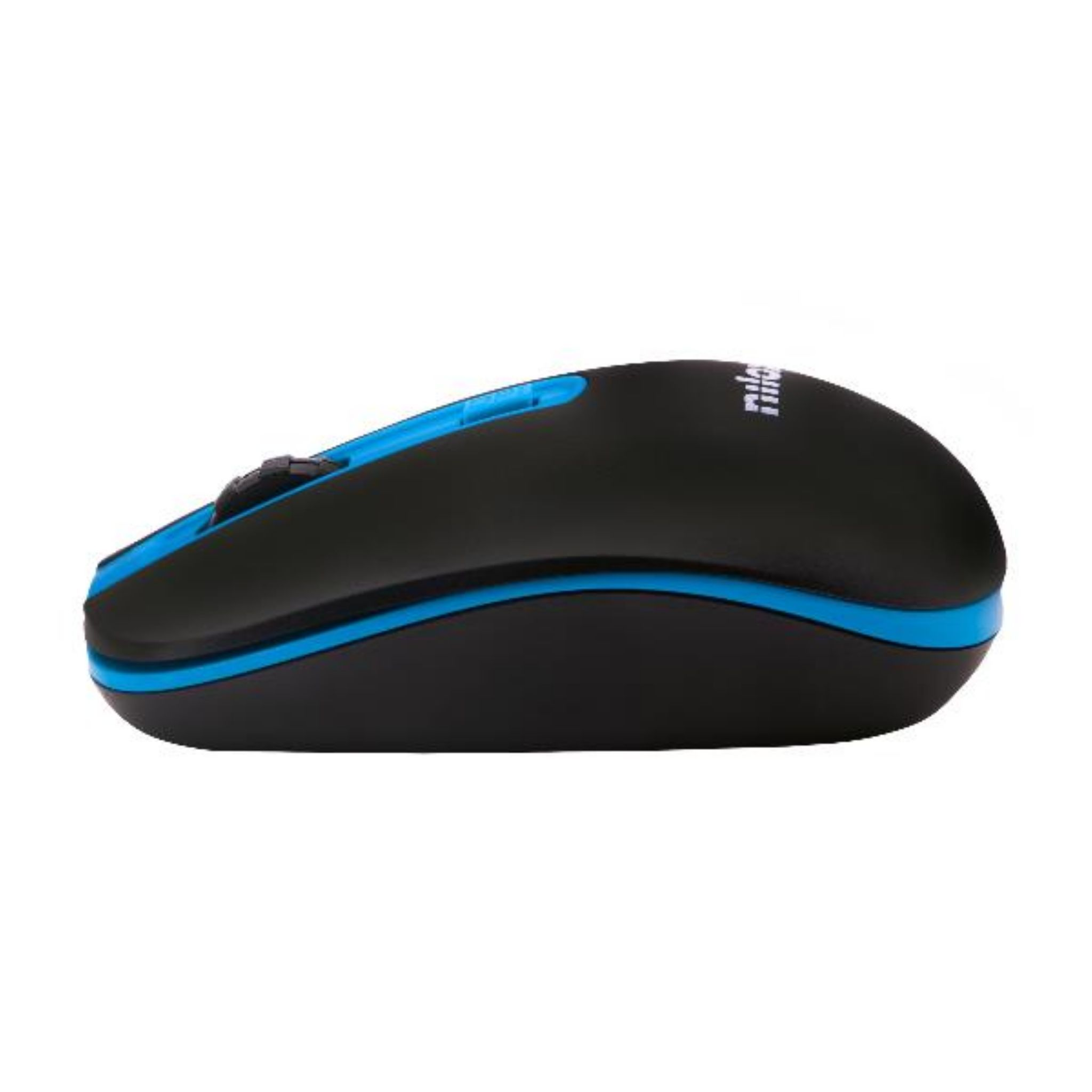Un mouse wireless nero e blu. Il mouse ha una rotella e dei pulsanti.