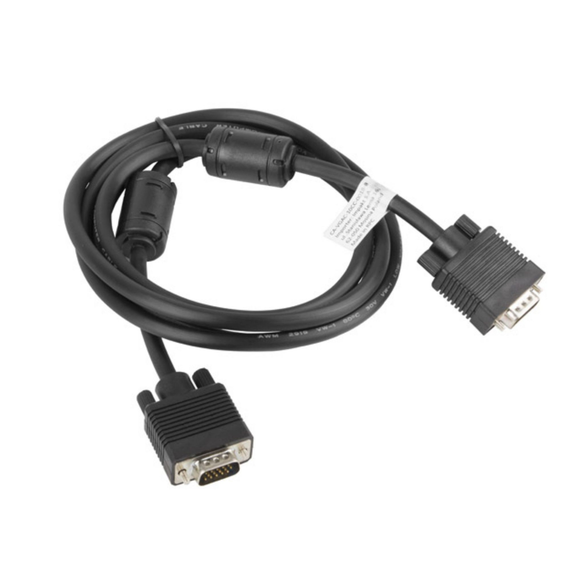 Zwarte VGA-kabel met connectoren aan beide uiteinden, op een witte achtergrond.