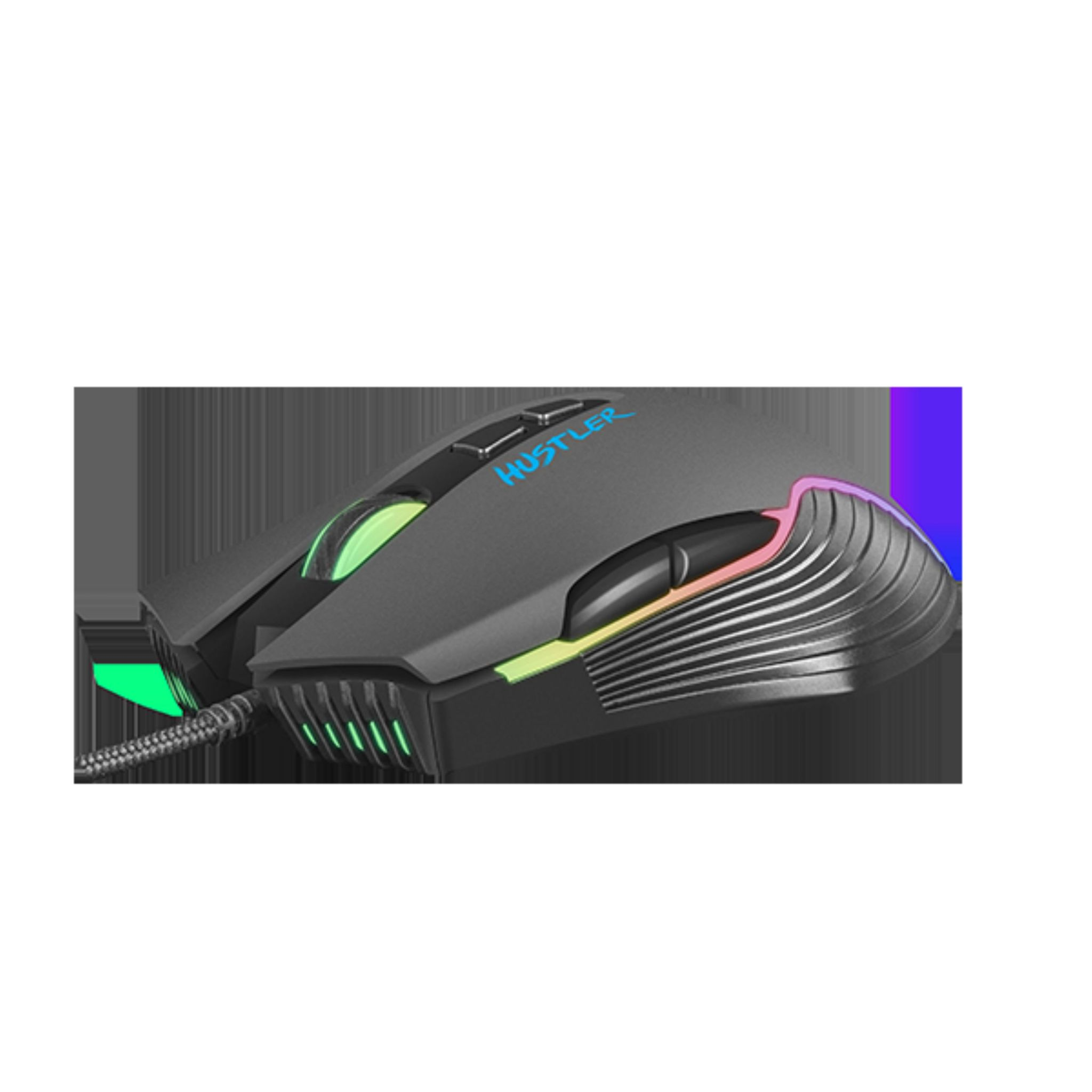 Mouse da gioco. Nero, grigio e rosso. Ha il logo Hustler e illuminazione RGB. Sfondo bianco.