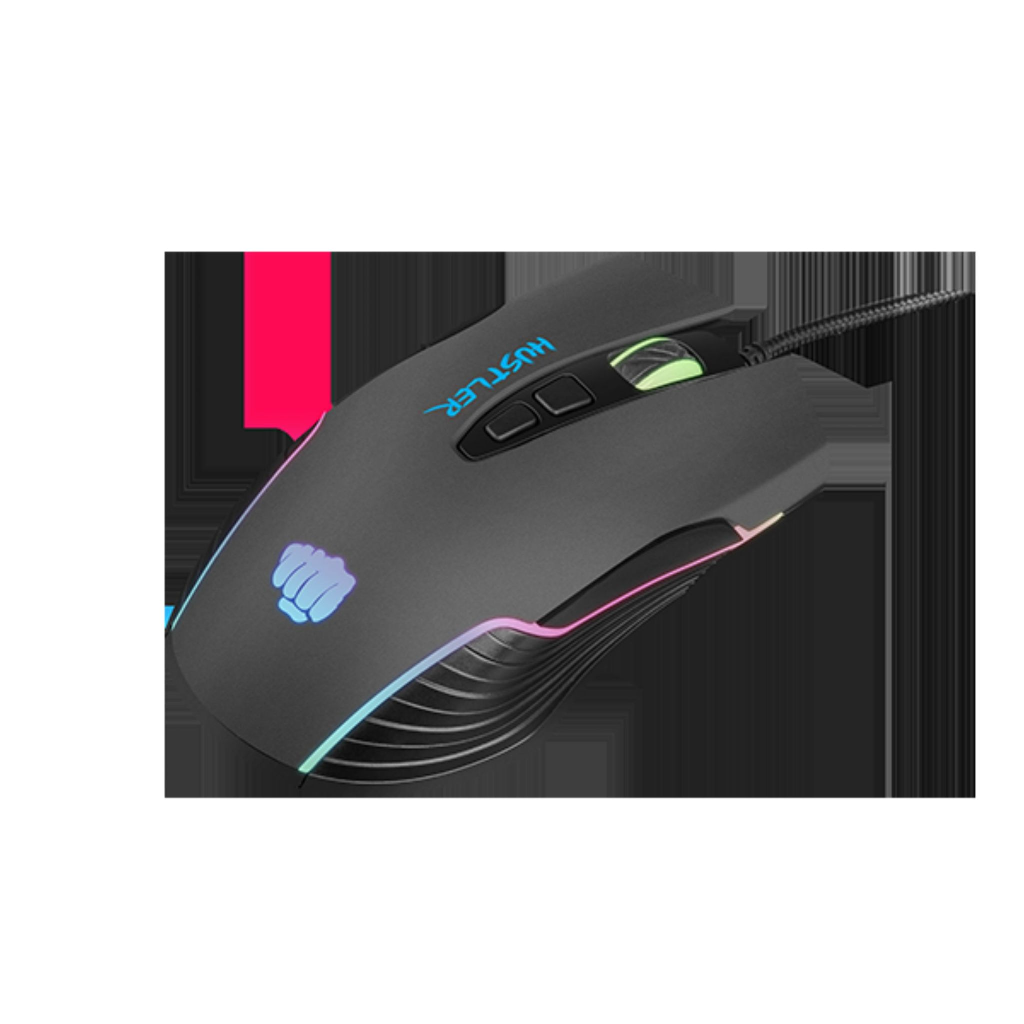 Mouse da gaming nero con illuminazione rossa e RGB, pulsanti laterali.
