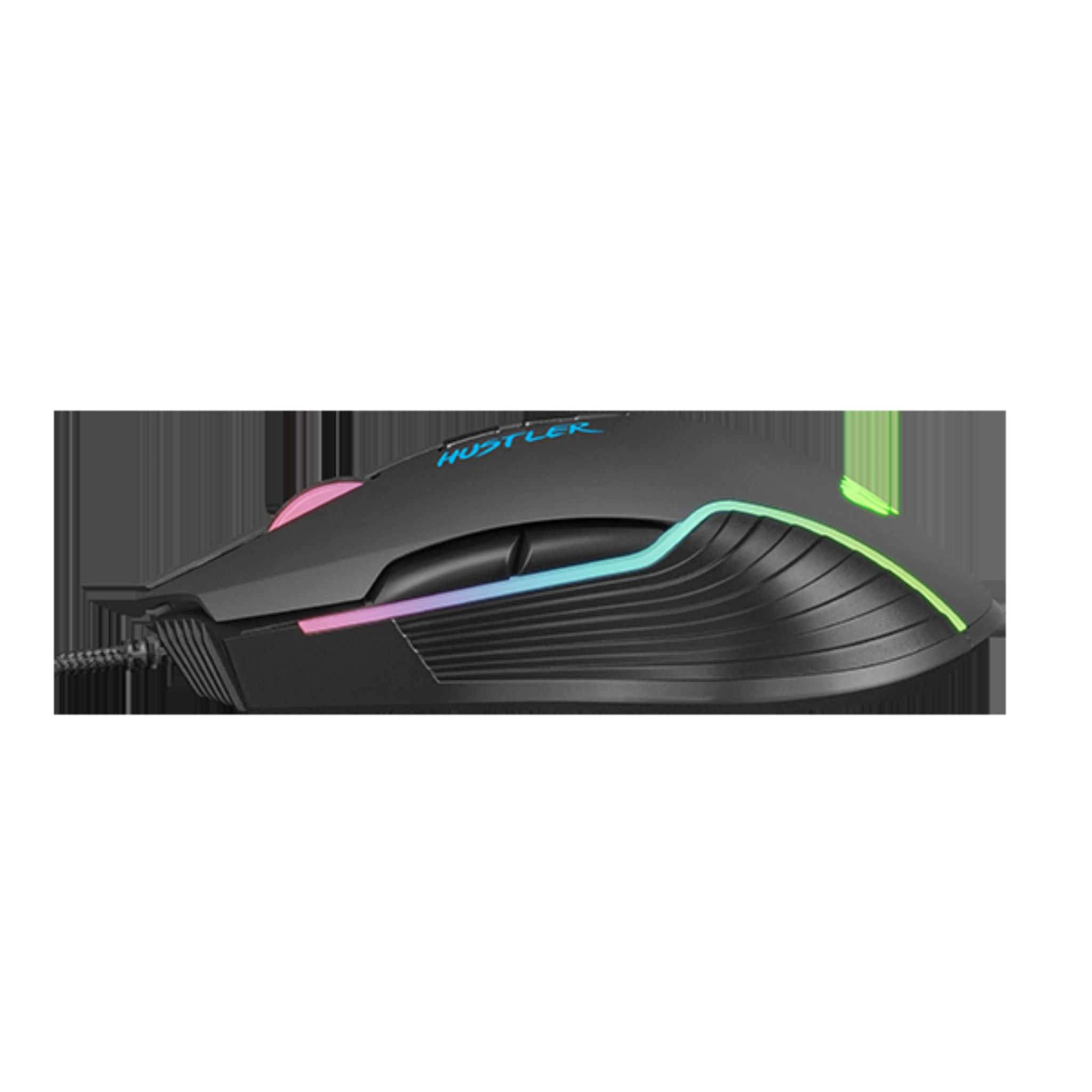 Mouse da gioco nero con illuminazione RGB. La parola 'Hustler' è sul mouse. Sfondo nero.