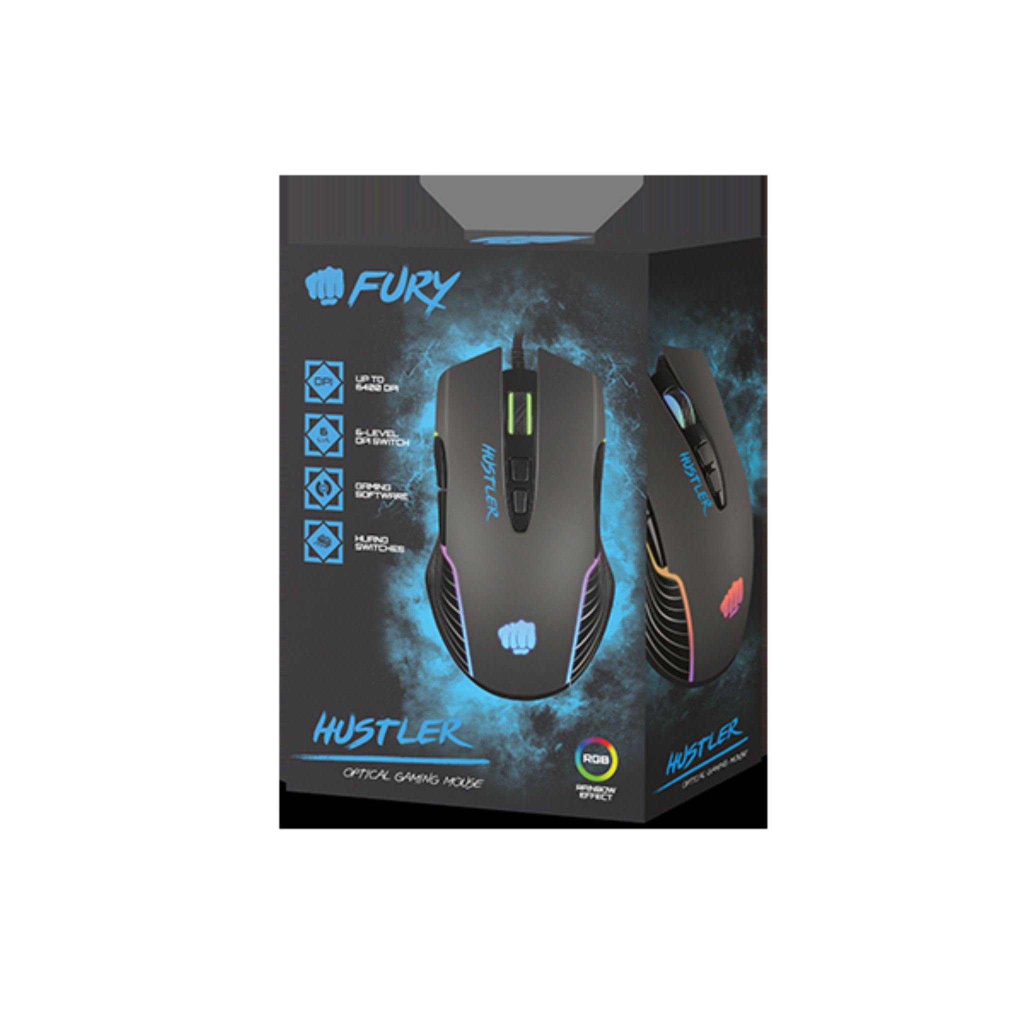 Mouse gaming e scatola. Mouse nero con RGB, scatola con design.