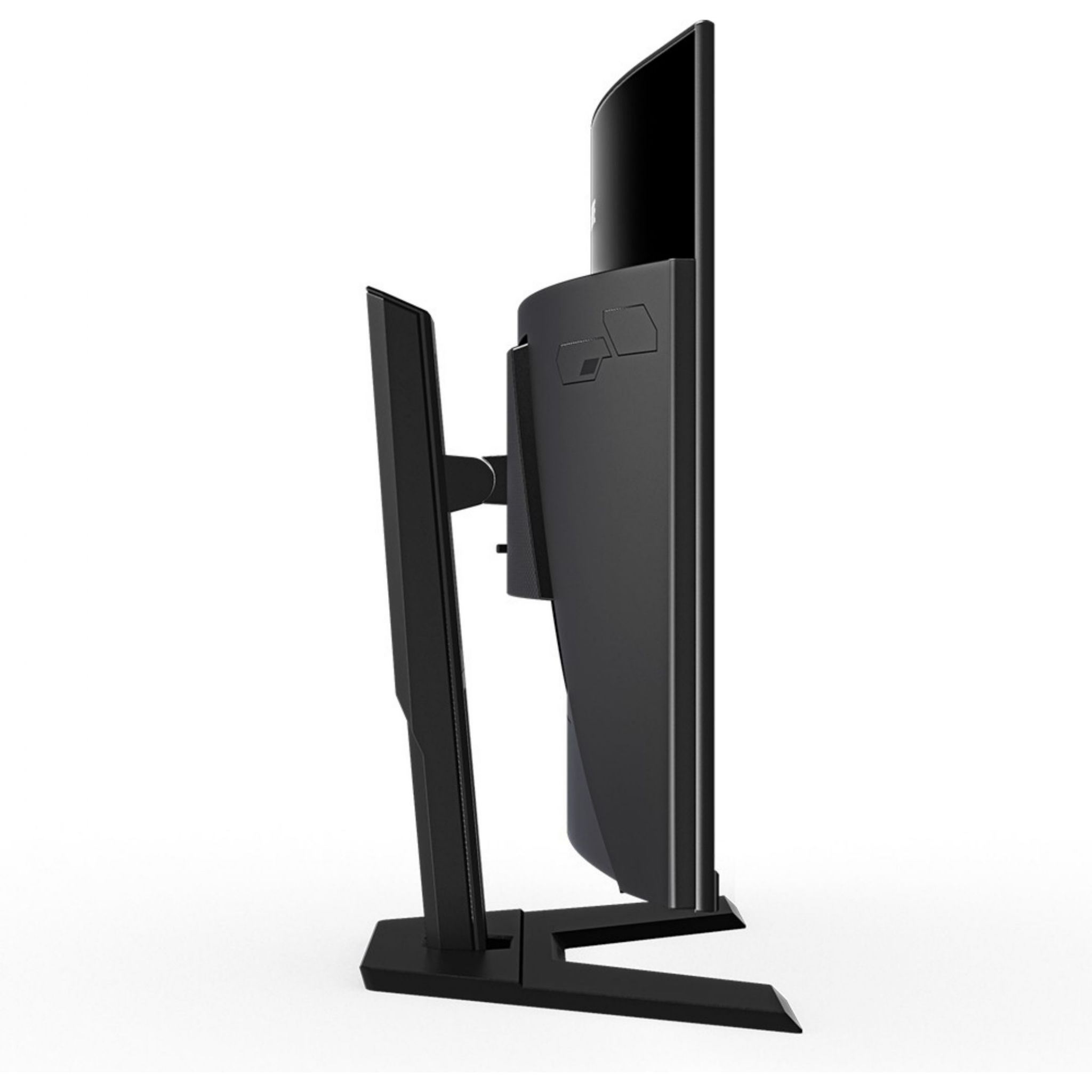 Monitor del computer nero. La vista laterale mostra il supporto e lo schermo.