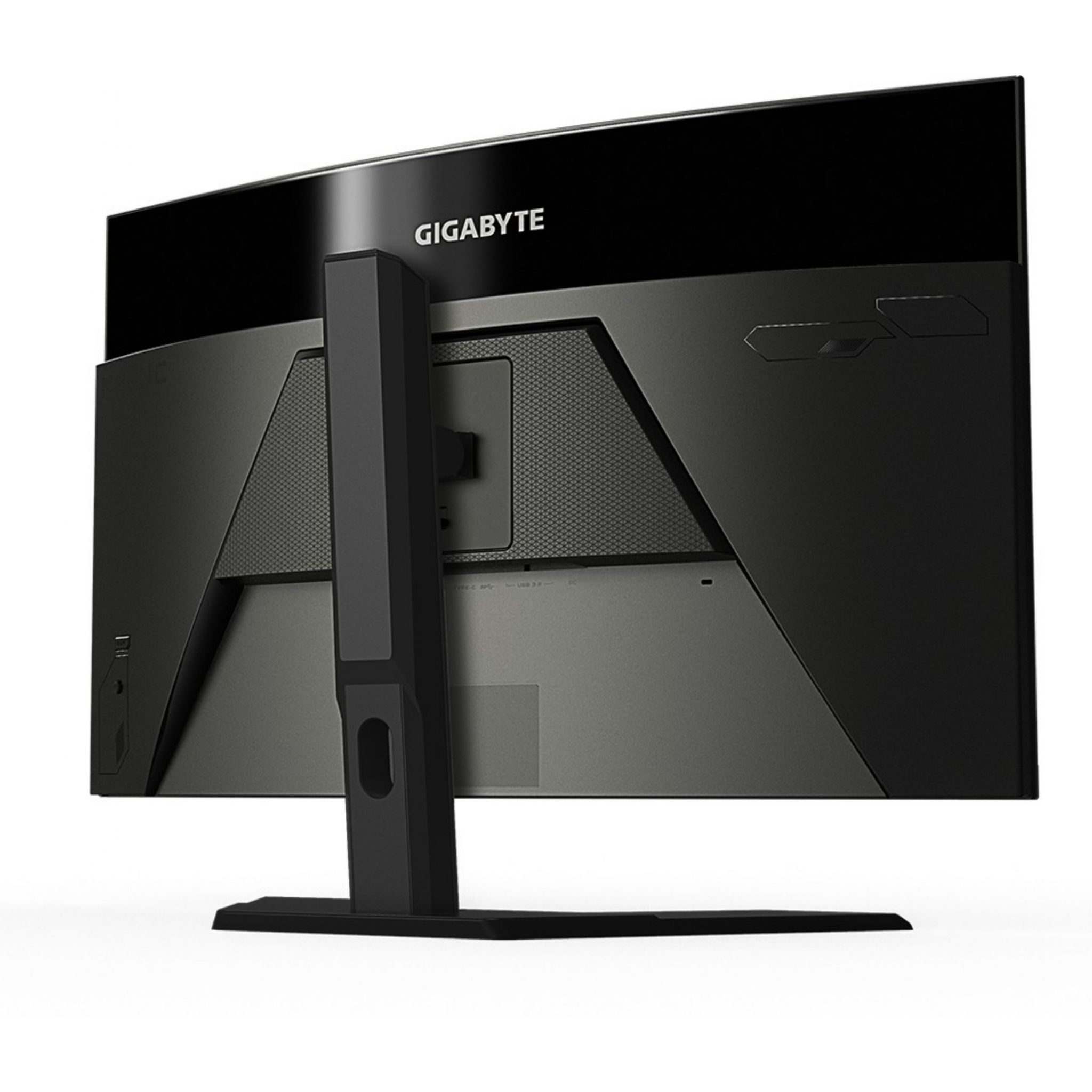 Monitor per computer nero, vista posteriore, con supporto nero, sfondo bianco.