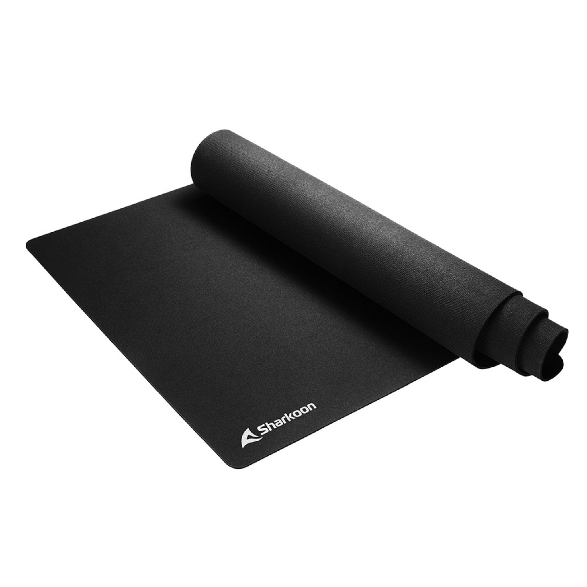 Tapis de souris noir avec une section enroulée et le logo Sharkoon.