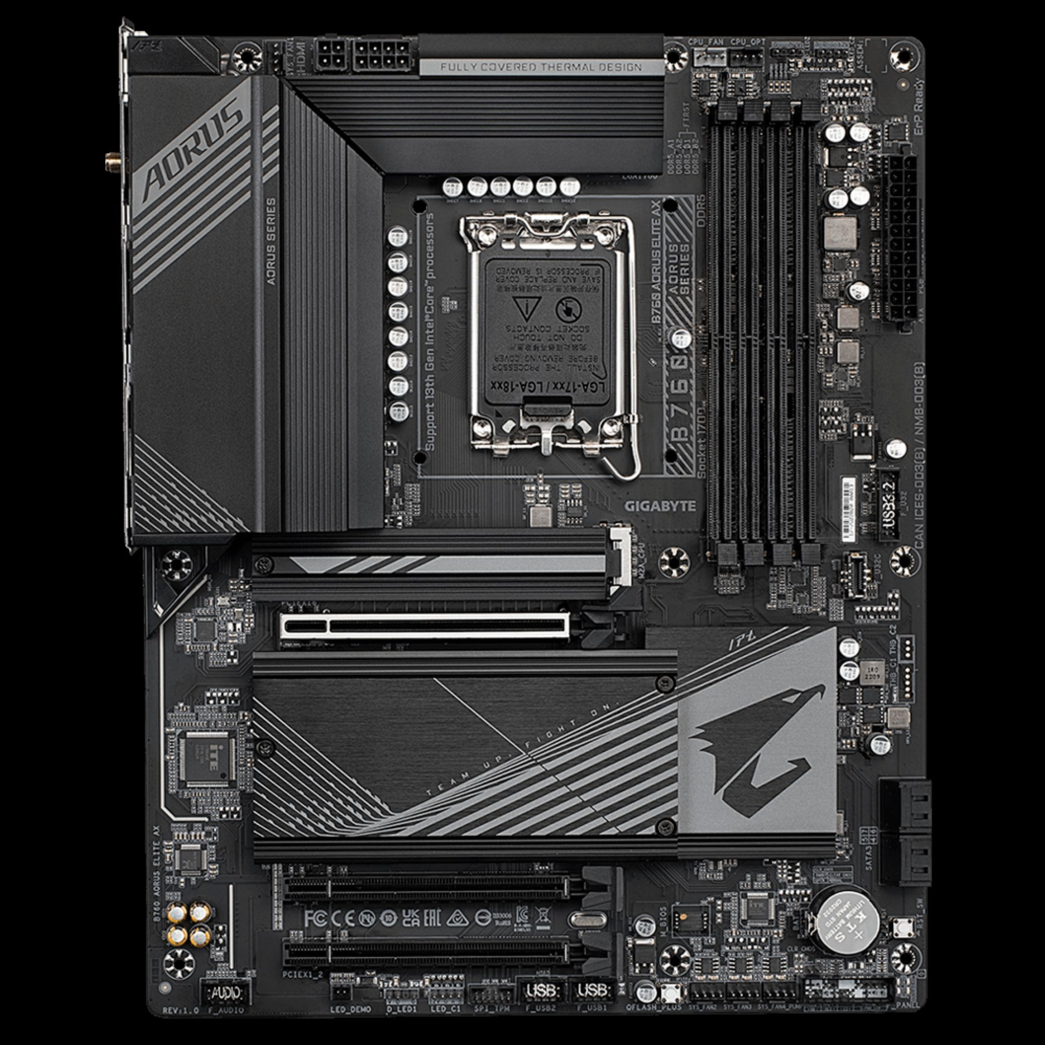 Una scheda madre con vari componenti. Logo serie AORUS.
