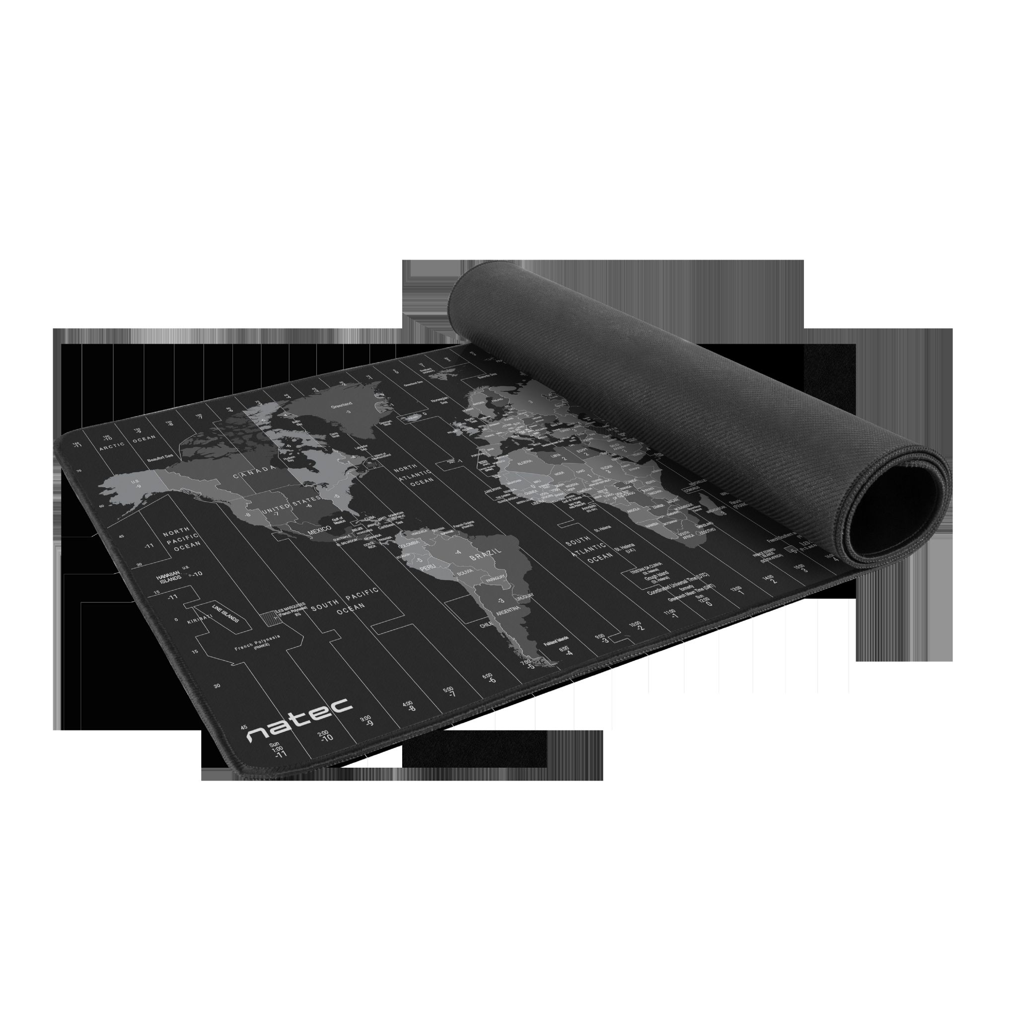 Alfombrilla de ratón con diseño de mapa del mundo. Negro y gris. El fondo es blanco.