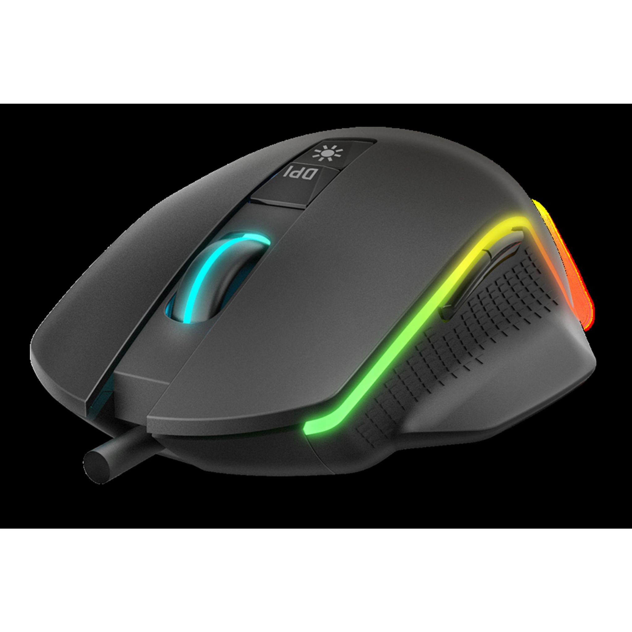 Zwarte gamingmuis met RGB-verlichting, een blauw scrollwiel en knoppen. Zwarte achtergrond.