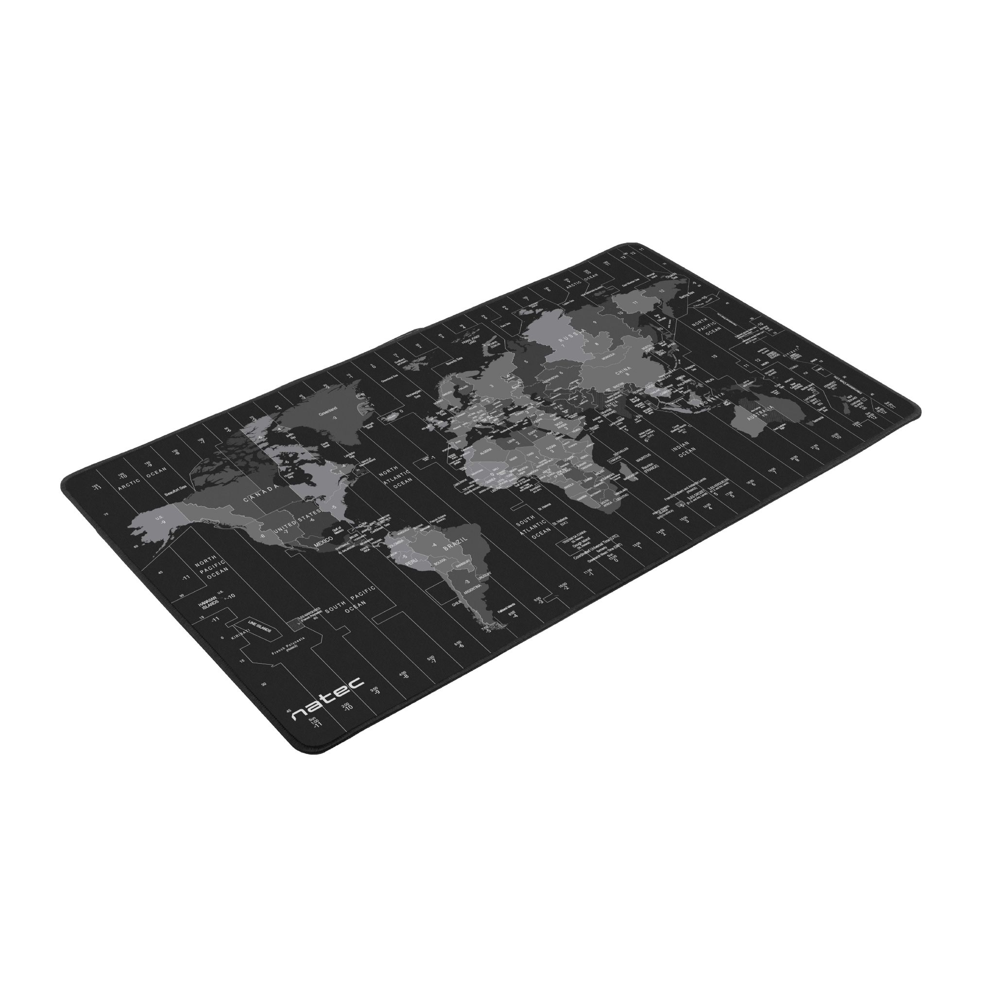 Un ratón negro con un diseño de mapa mundial en tonos grises.