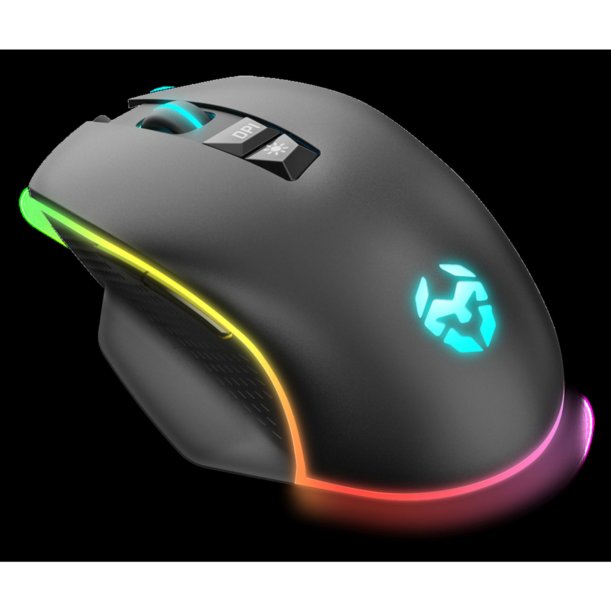 Zwarte gaming muis met RGB-verlichting, op zwarte achtergrond.