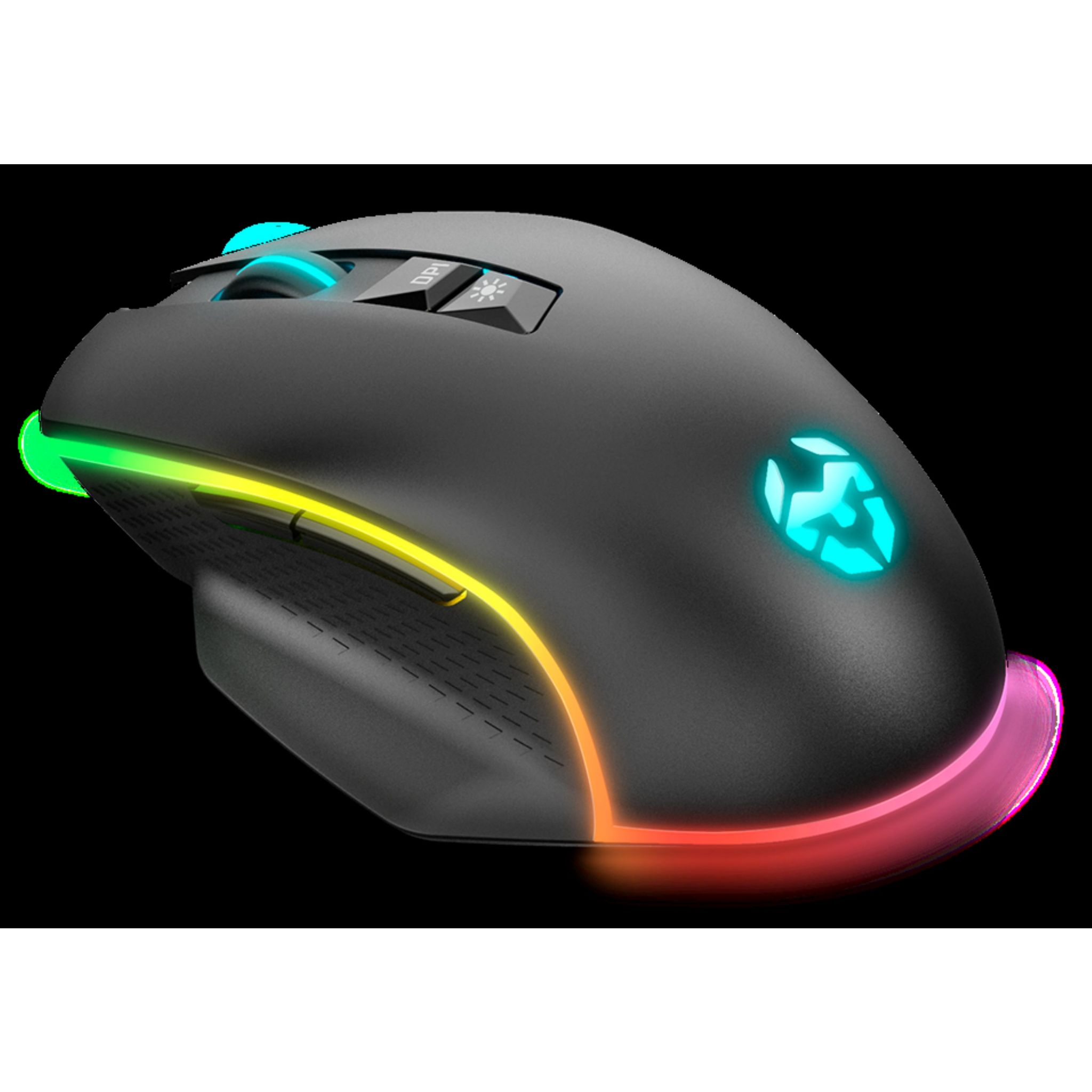 Gamingmuis met RGB-verlichting. Zwarte behuizing, neonkleuren. Zwarte achtergrond.