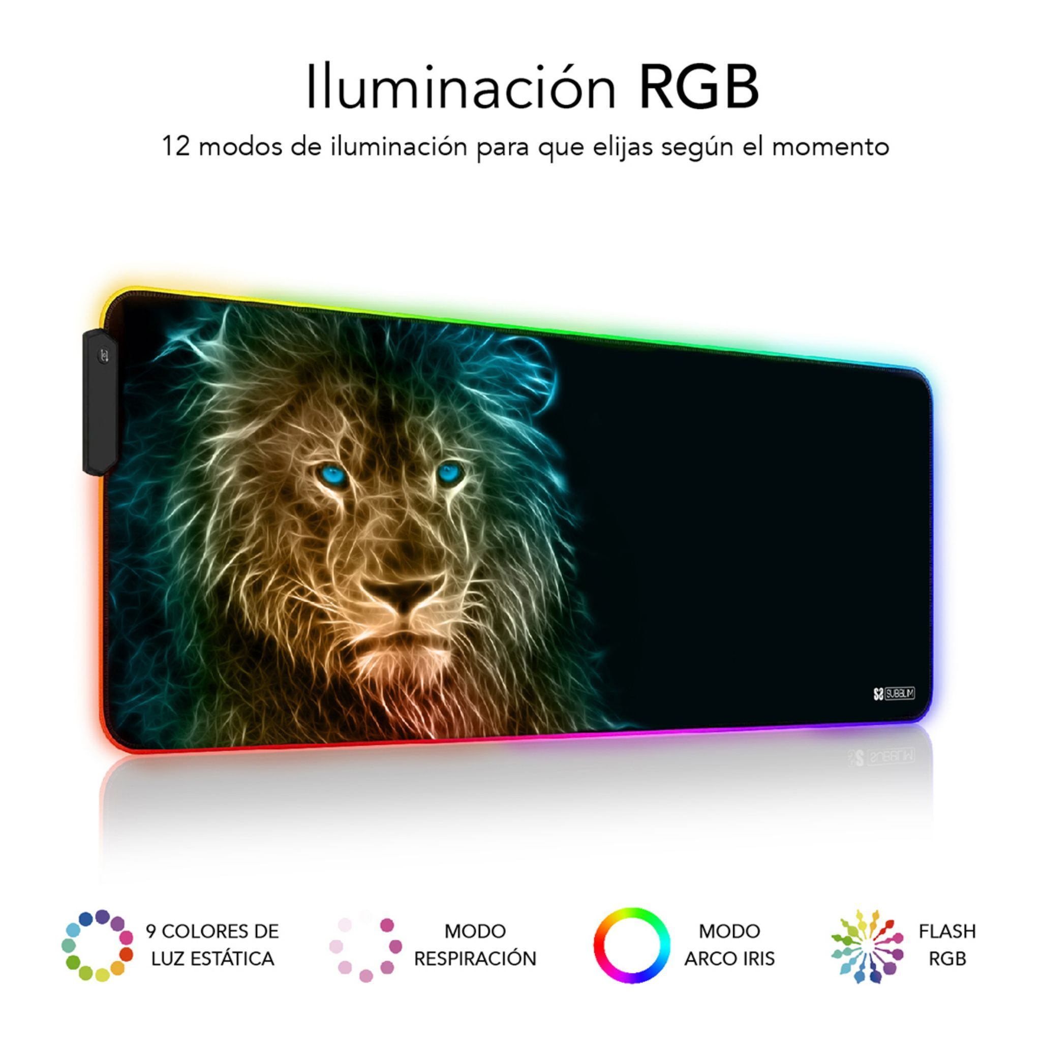 Alfombrilla de ratón con iluminación RGB y un gráfico de león. Fondo negro.