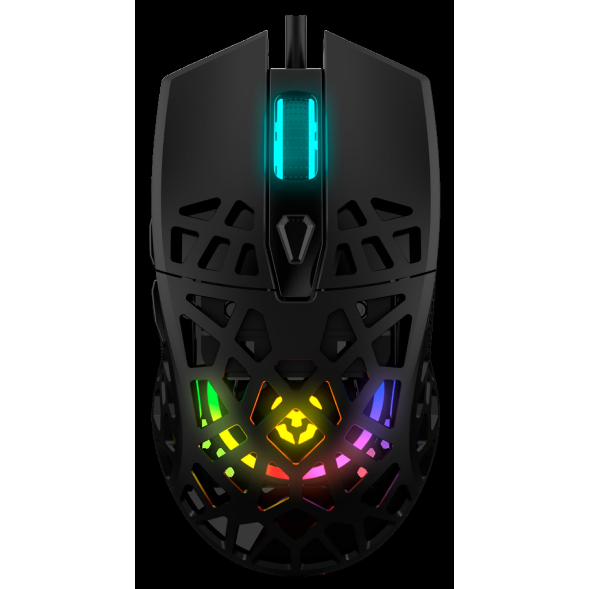 Czarna mysz gamingowa ze skomplikowanym wzorem i oświetleniem RGB. Pokazuje wiele kolorów.