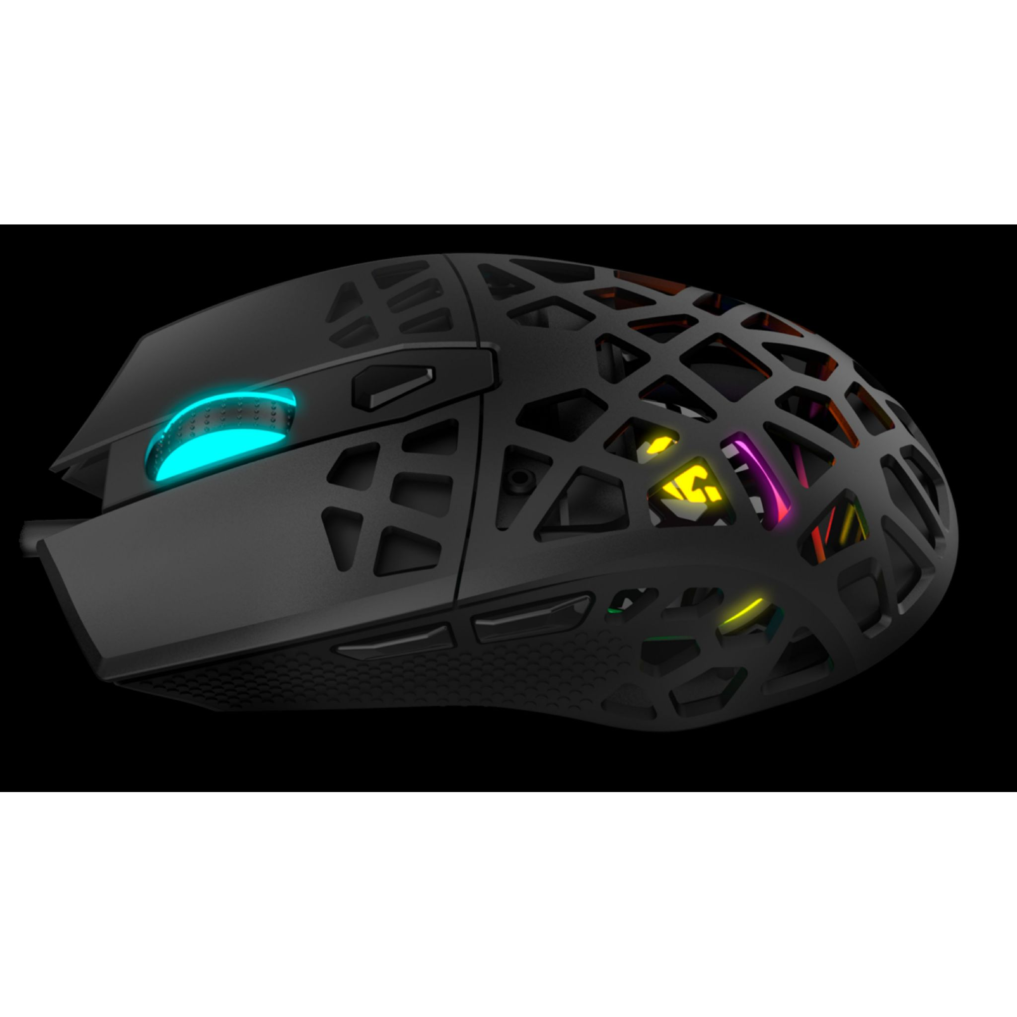 Czarna mysz gamingowa, z kolorowymi światłami. Wzór plastra miodu i przycisk.