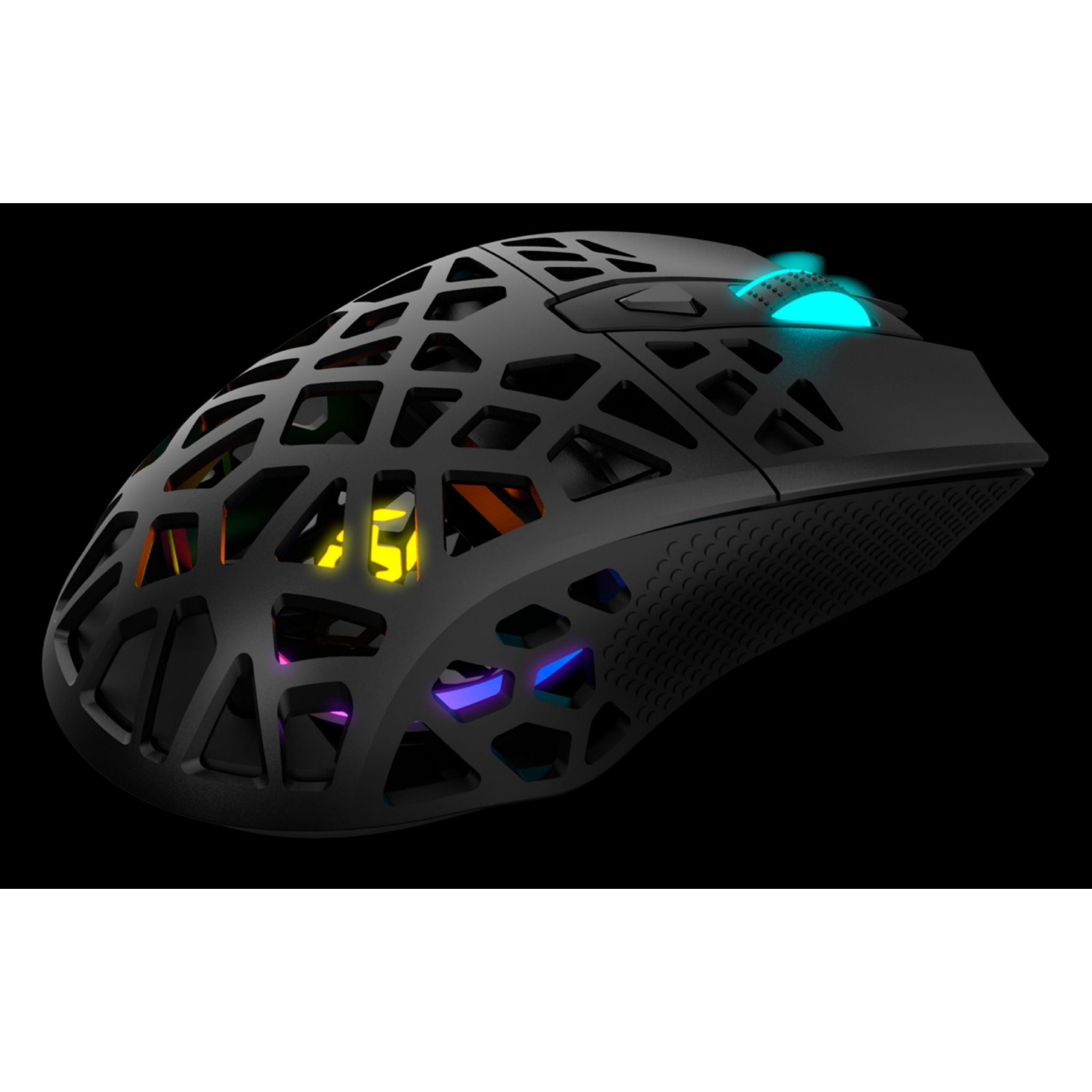 Czarna mysz do gier z konstrukcją plastra miodu i kolorowymi światłami.