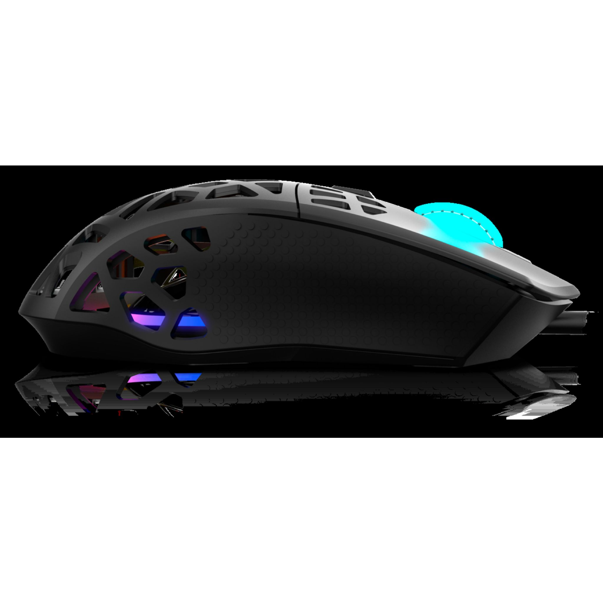Czarna mysz do gier z kolorowymi światłami i unikalnym designem, widok z prawej strony.