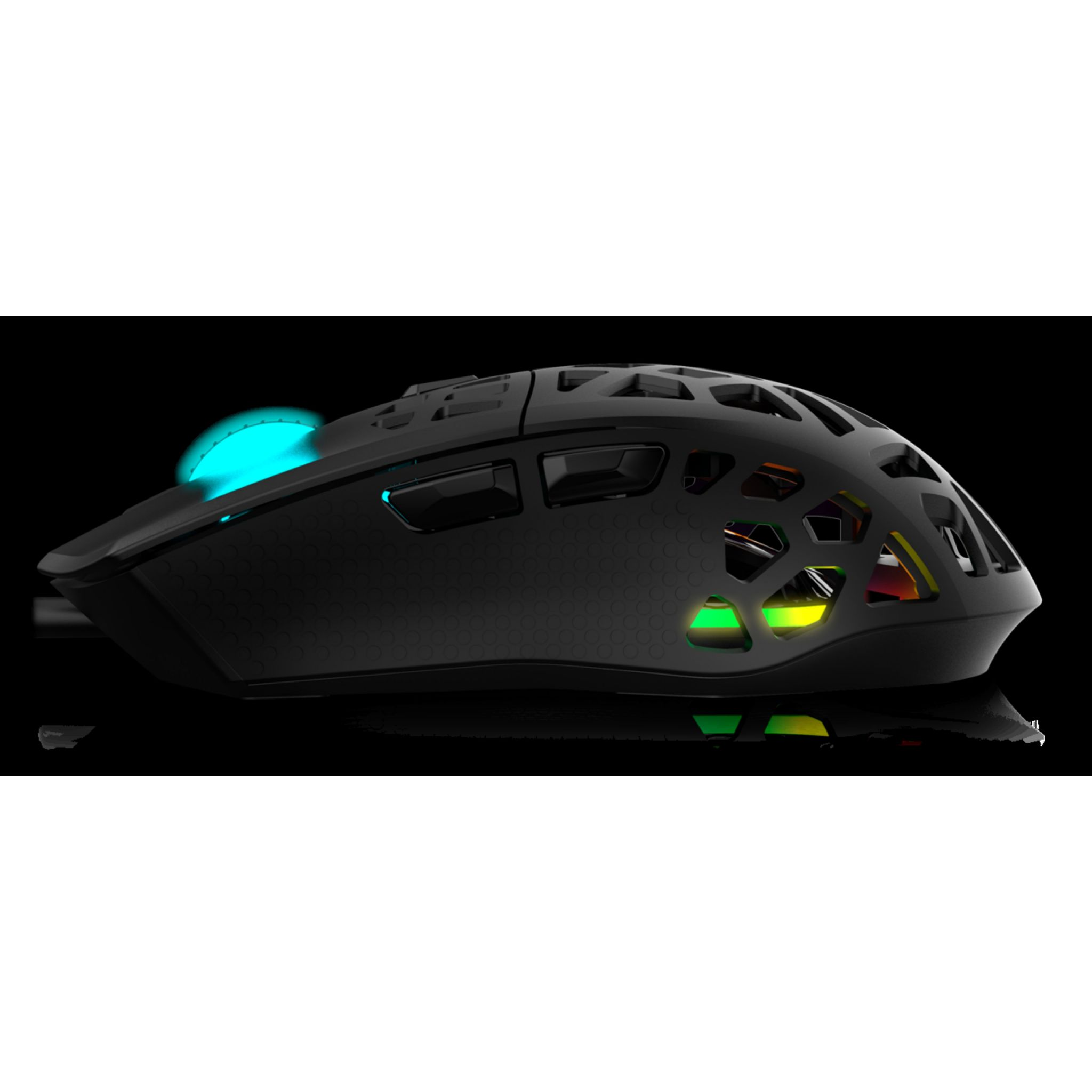 Czarna mysz gamingowa, otwarta konstrukcja. Oświetlenie RGB widoczne z boku.