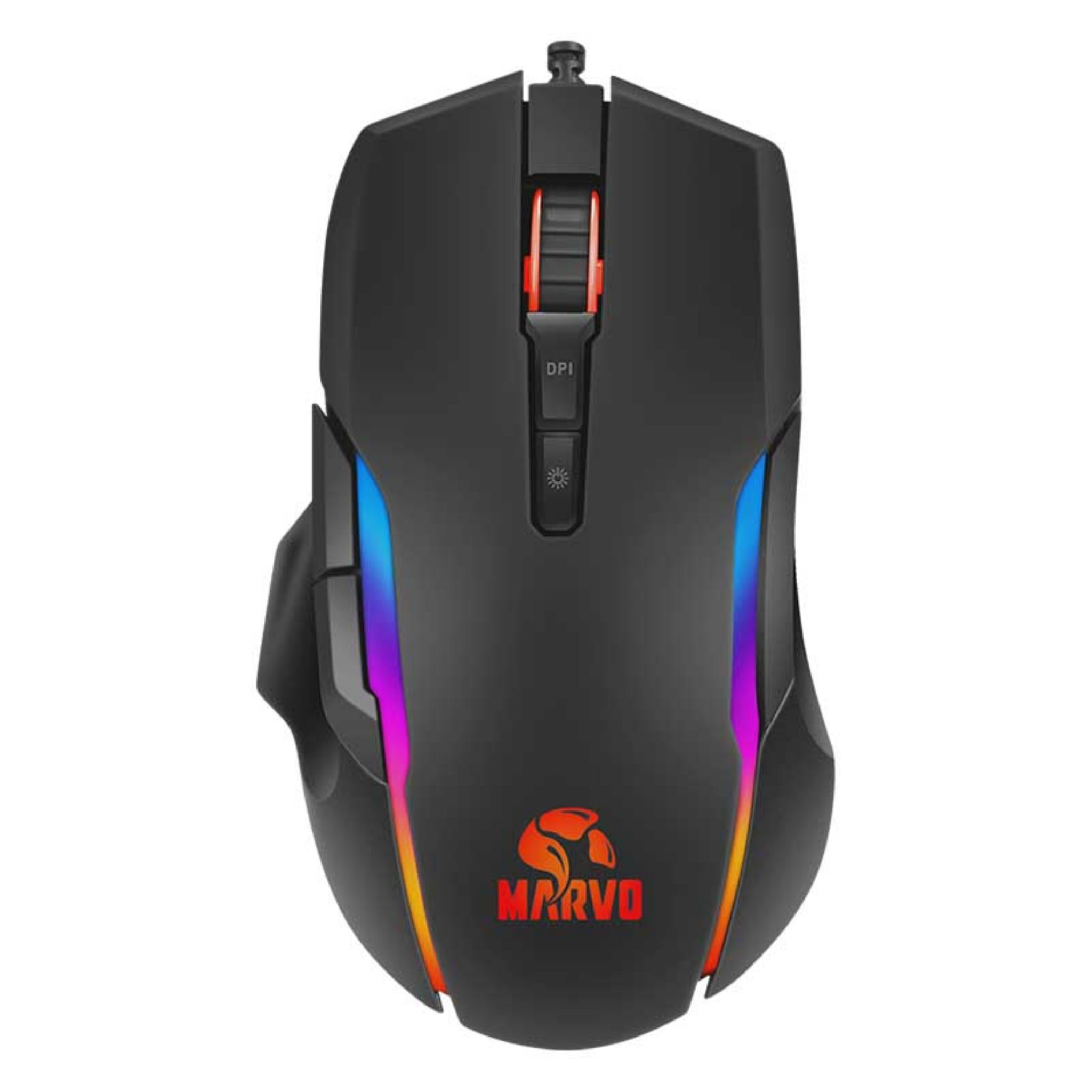 Mouse da gioco nero con luci RGB, pulsante DPI rosso e logo Marvo. Sfondo nero.