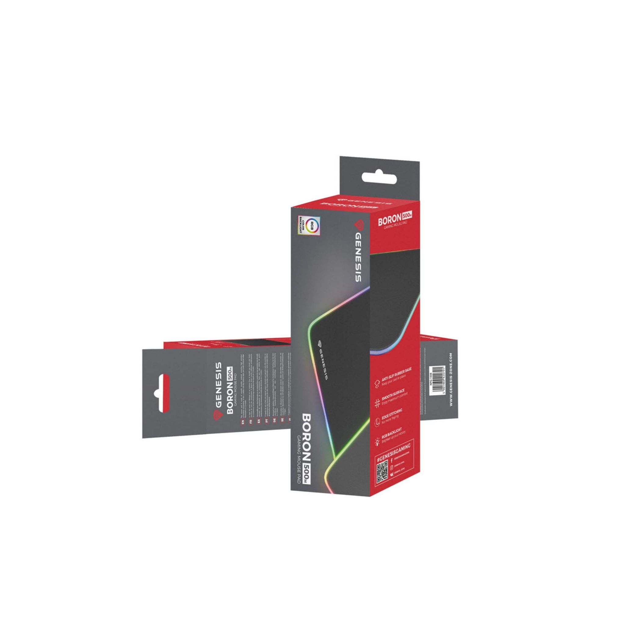 Dos cajas apiladas de alfombrilla para ratón gaming Genesis Boron 500. Diseño colorido y logos.