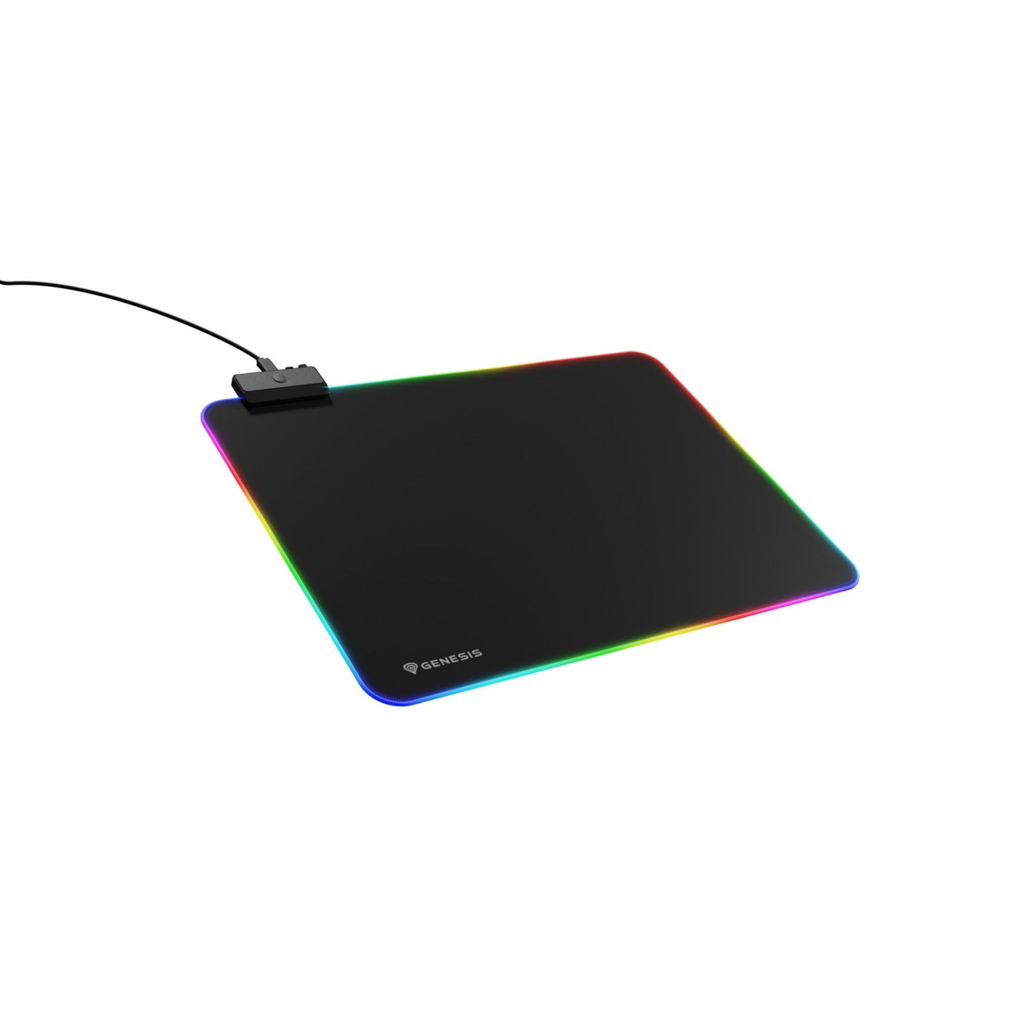 Alfombrilla de ratón gaming negra con borde RGB. Logo Genesis abajo.