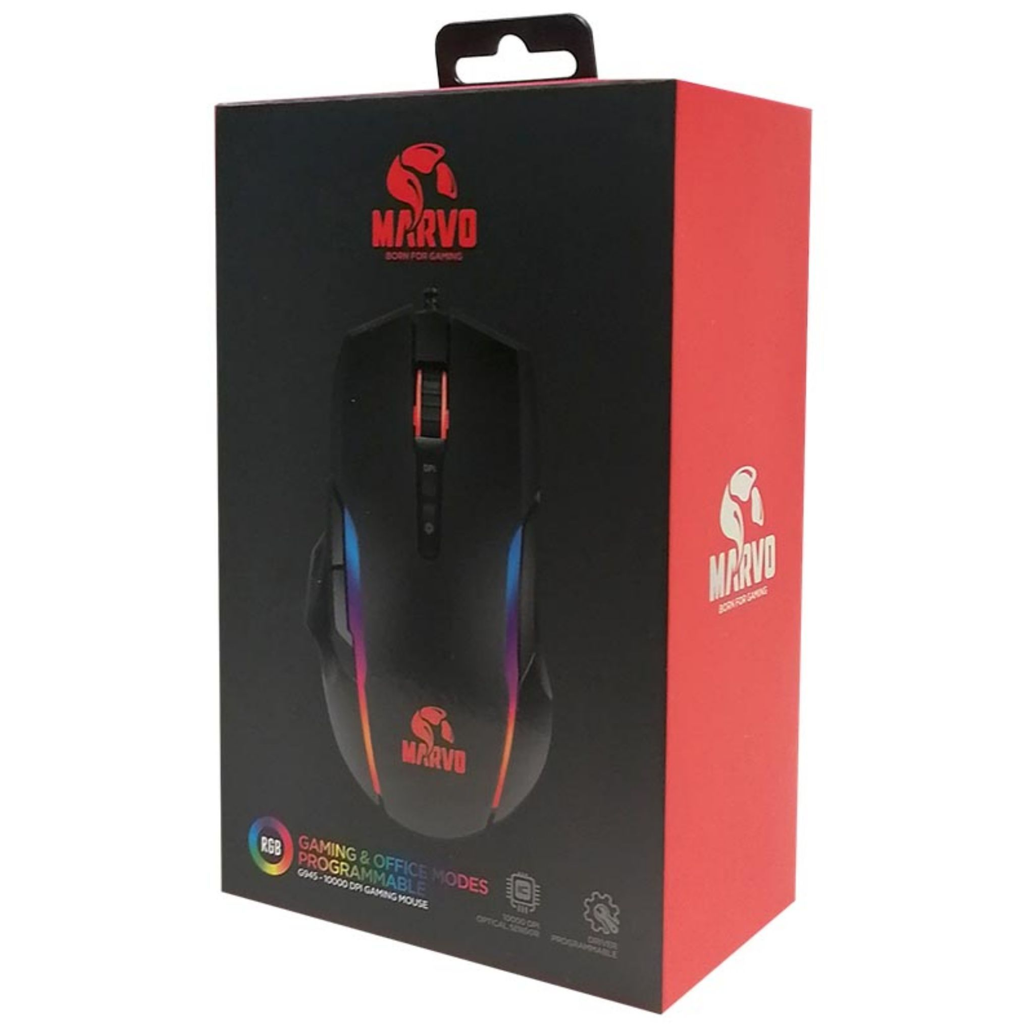 Scatola per mouse da gioco Marvo nera e rossa. Mouse visibile. Illuminazione RGB.