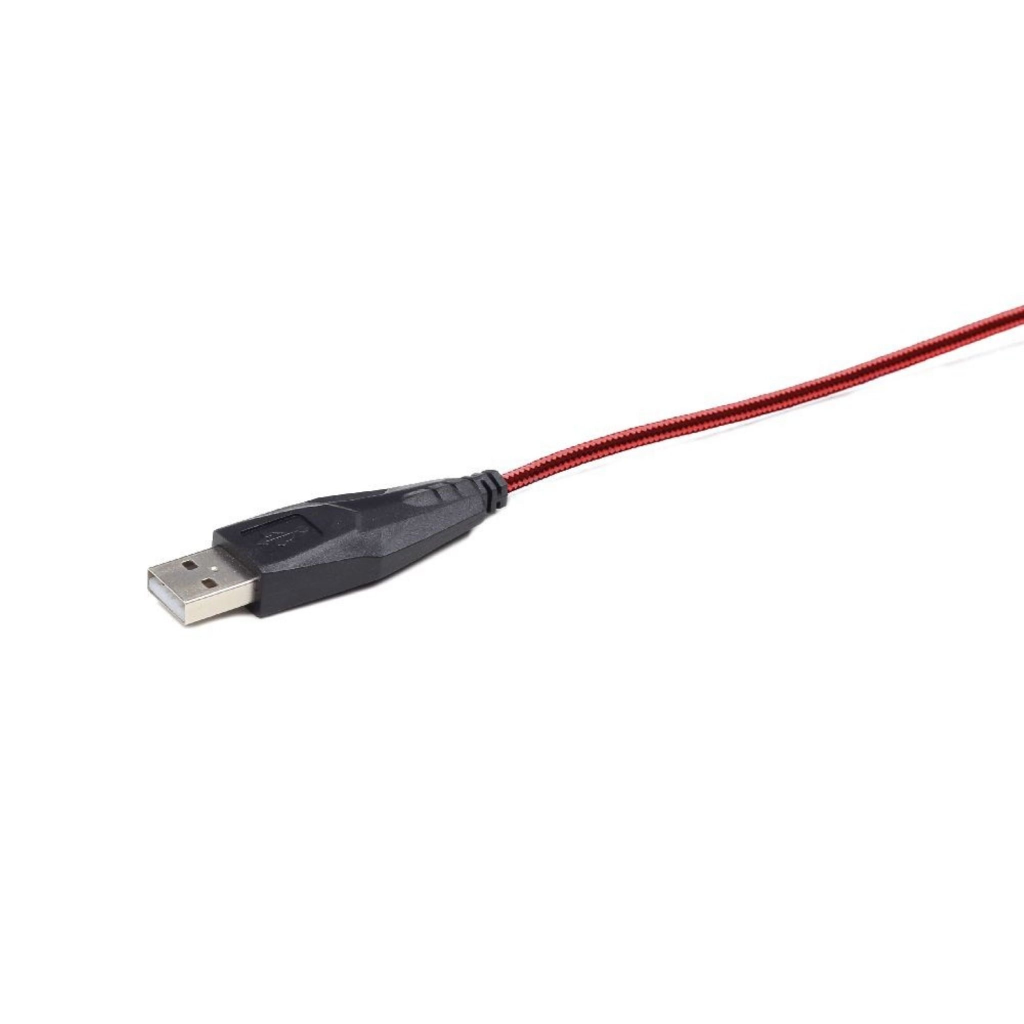 Kabel USB do USB-A z czerwoną, plecioną osłoną i czarnym złączem.