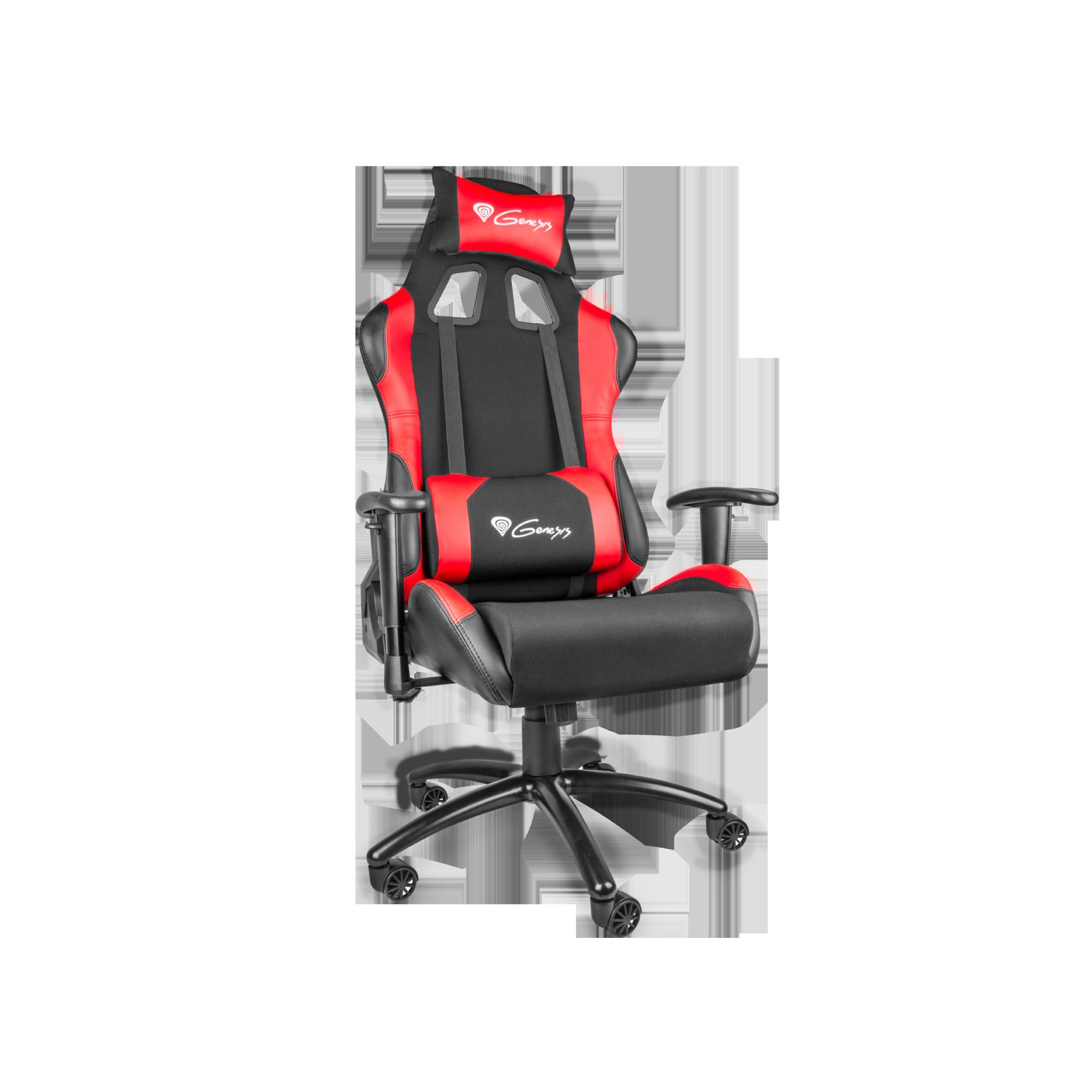Krzesło gamingowe, czarno-czerwone, marki Genesis. Posiada zagłówek, oparcie, siedzisko, podłokietniki i kółka.