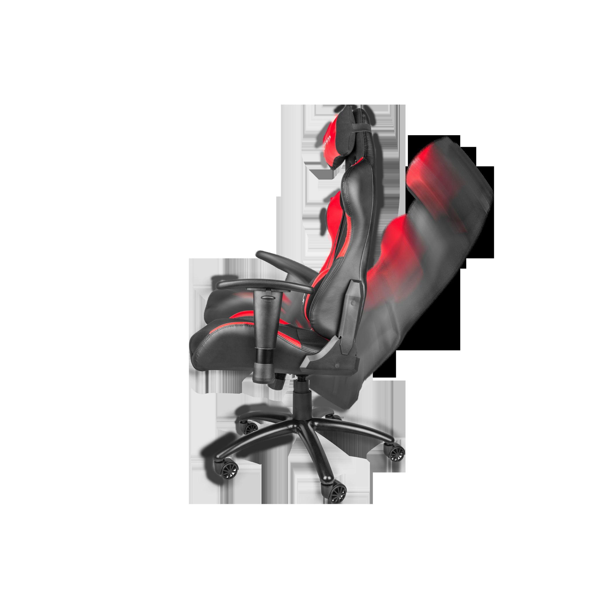 Krzesło gamingowe w kolorze czarnym i czerwonym, widok z boku. Posiada odchylane oparcie.