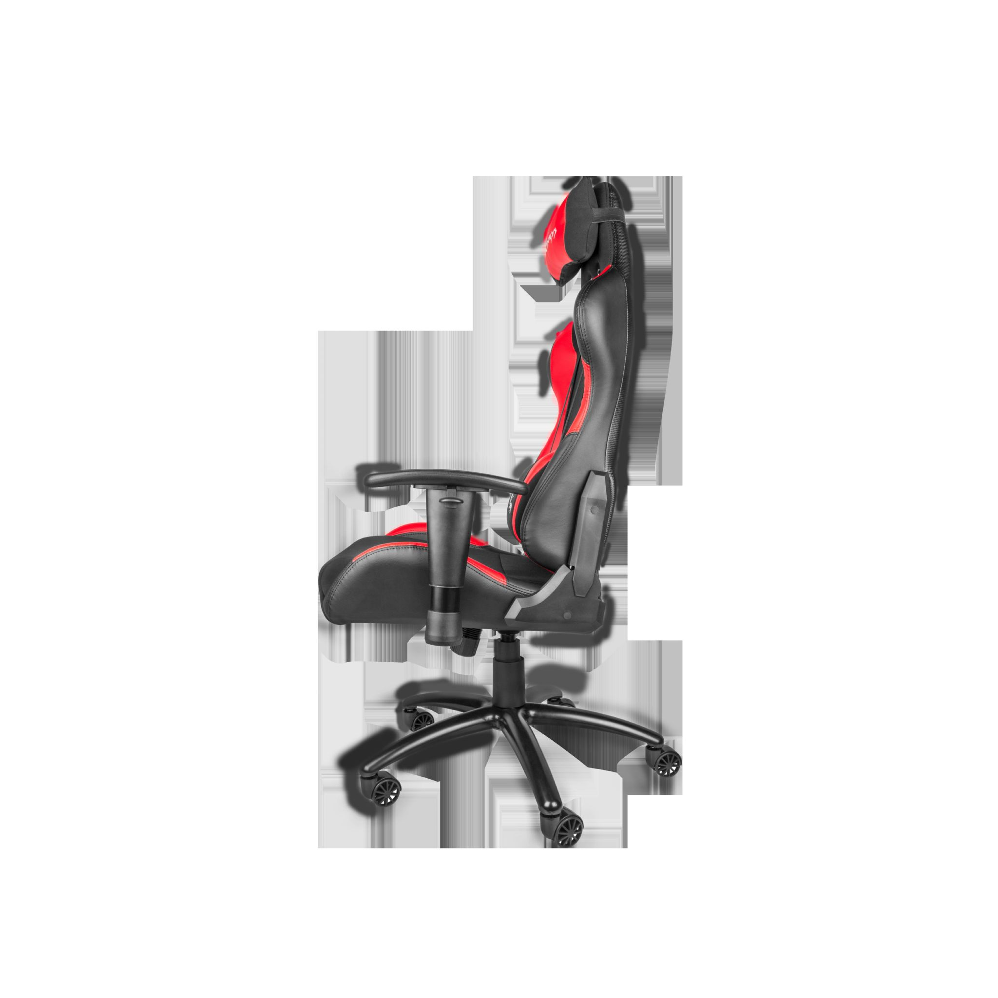 Krzesło gamingowe, czarno-czerwone, widok z boku. Ma kółka i zagłówek. Tło jest białe.