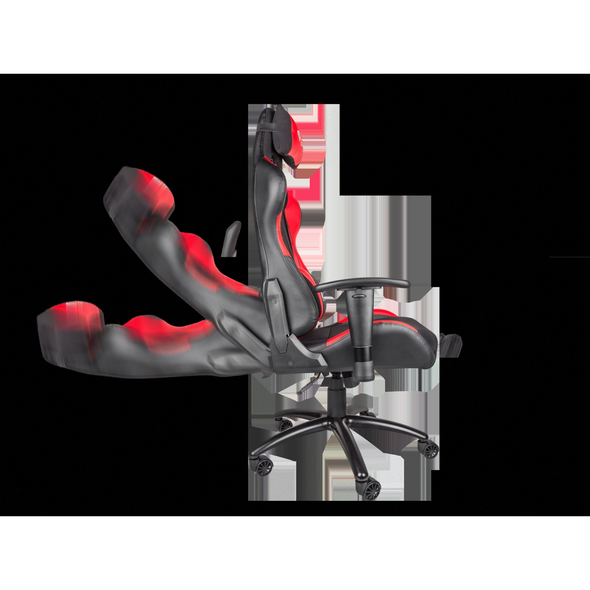 Krzesło do gier z czerwono-czarnym designem. Krzesło jest odchylone do tyłu.
