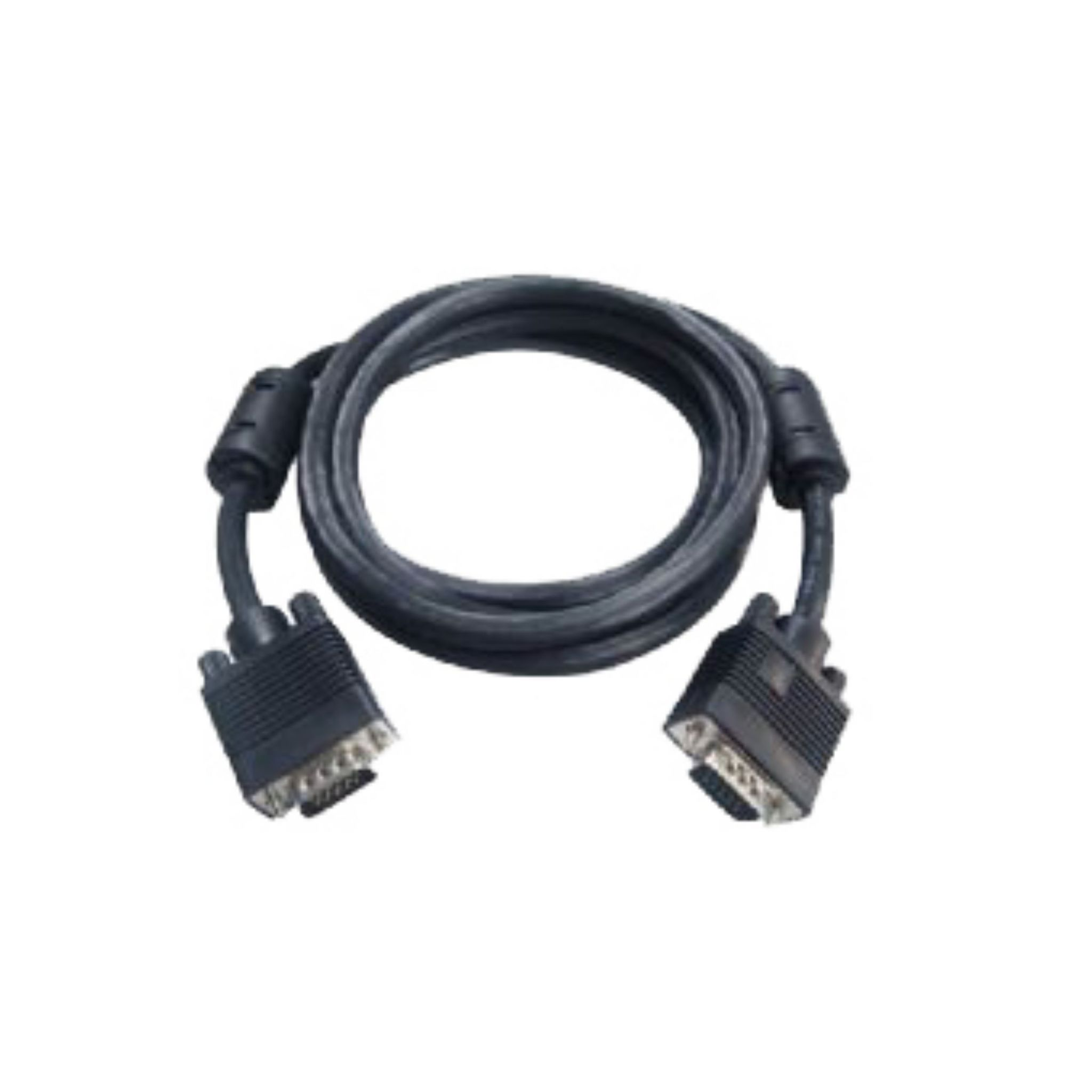 Câble VGA noir avec deux connecteurs. Il est enroulé.