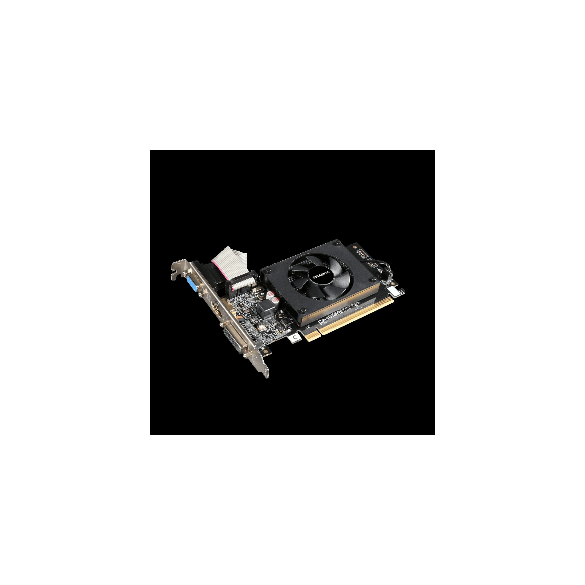 Karta graficzna komputera na czarnym tle. Ma wentylator i różne porty.