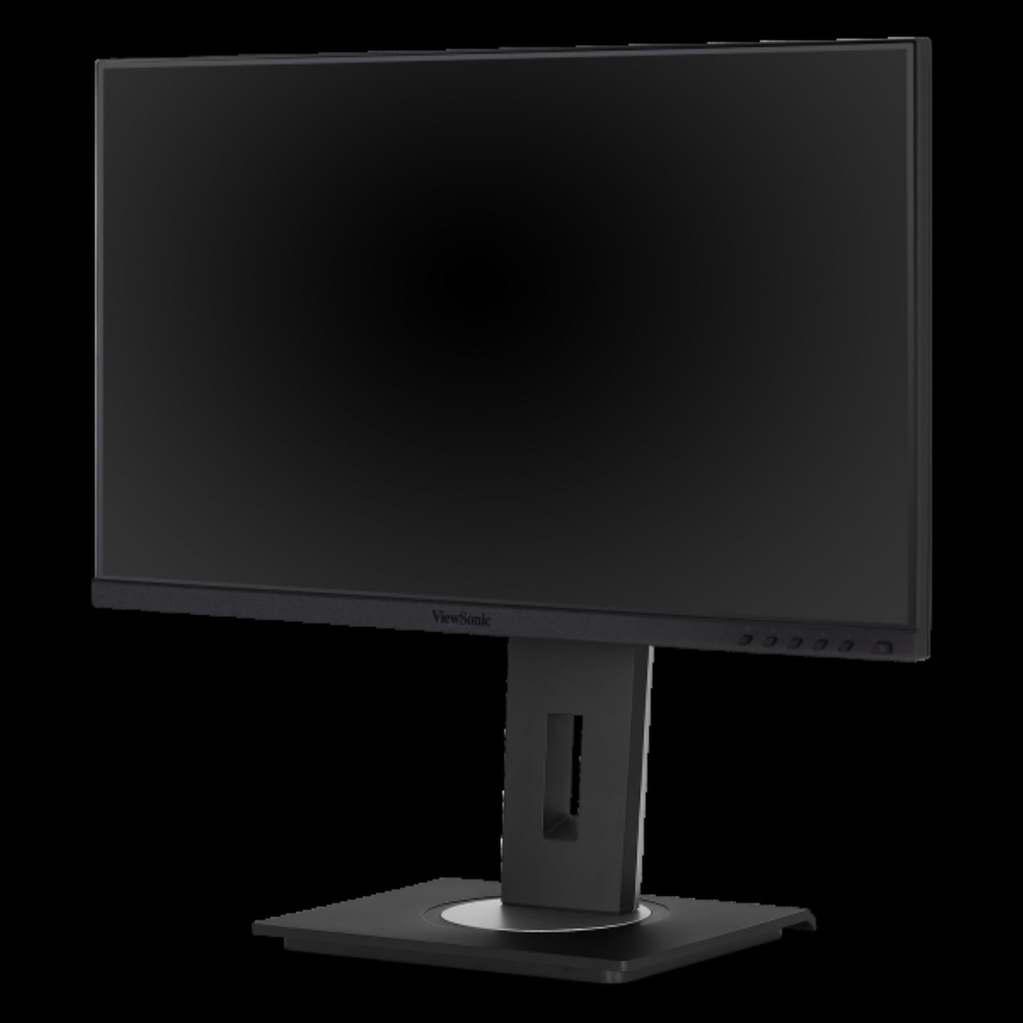 Czarny monitor ViewSonic na czarnym stojaku. Ekran jest czarny. Podstawa jest kwadratowa.