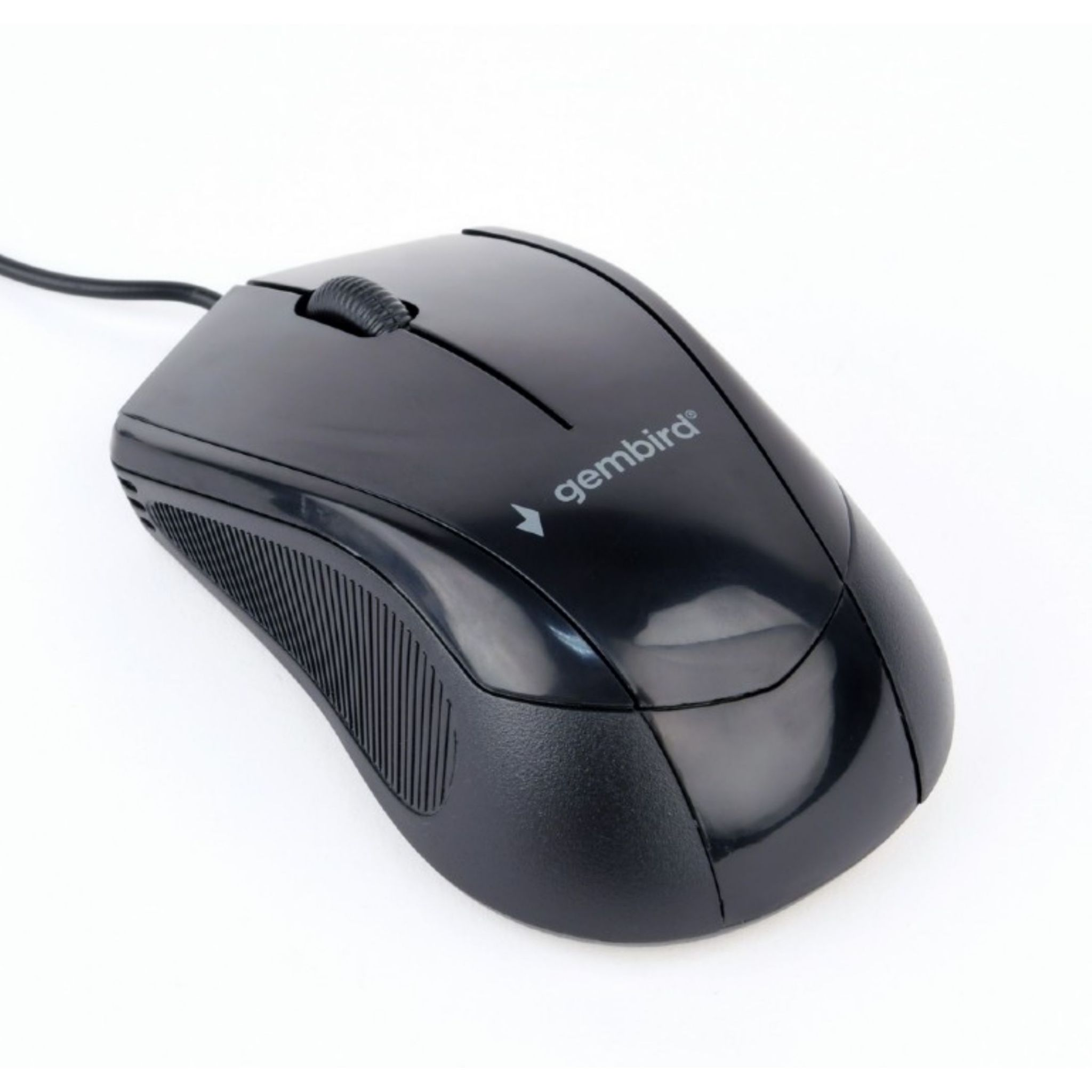Souris d'ordinateur noire avec molette de défilement et câble. Fond blanc.