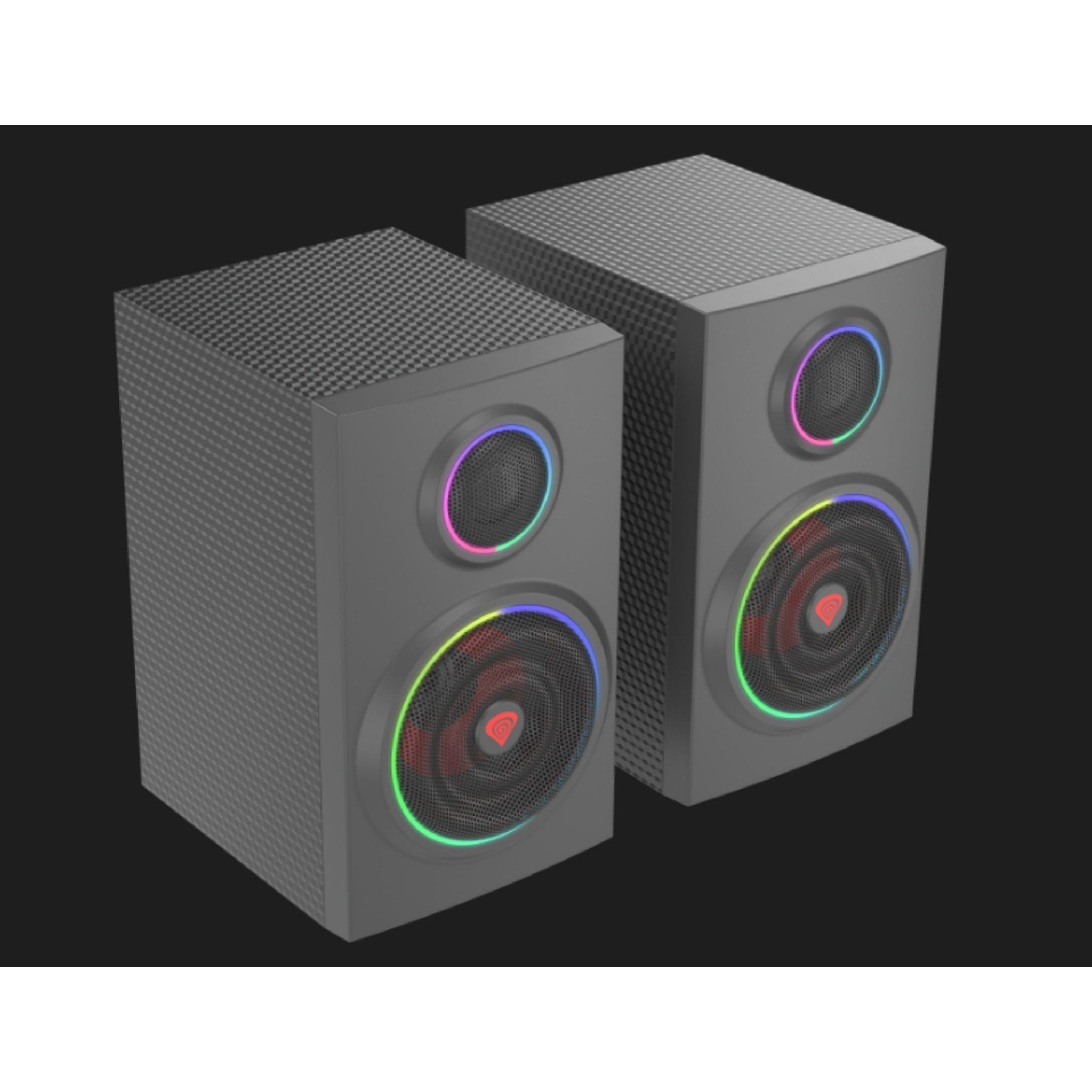 Due altoparlanti neri con luci RGB su sfondo nero.