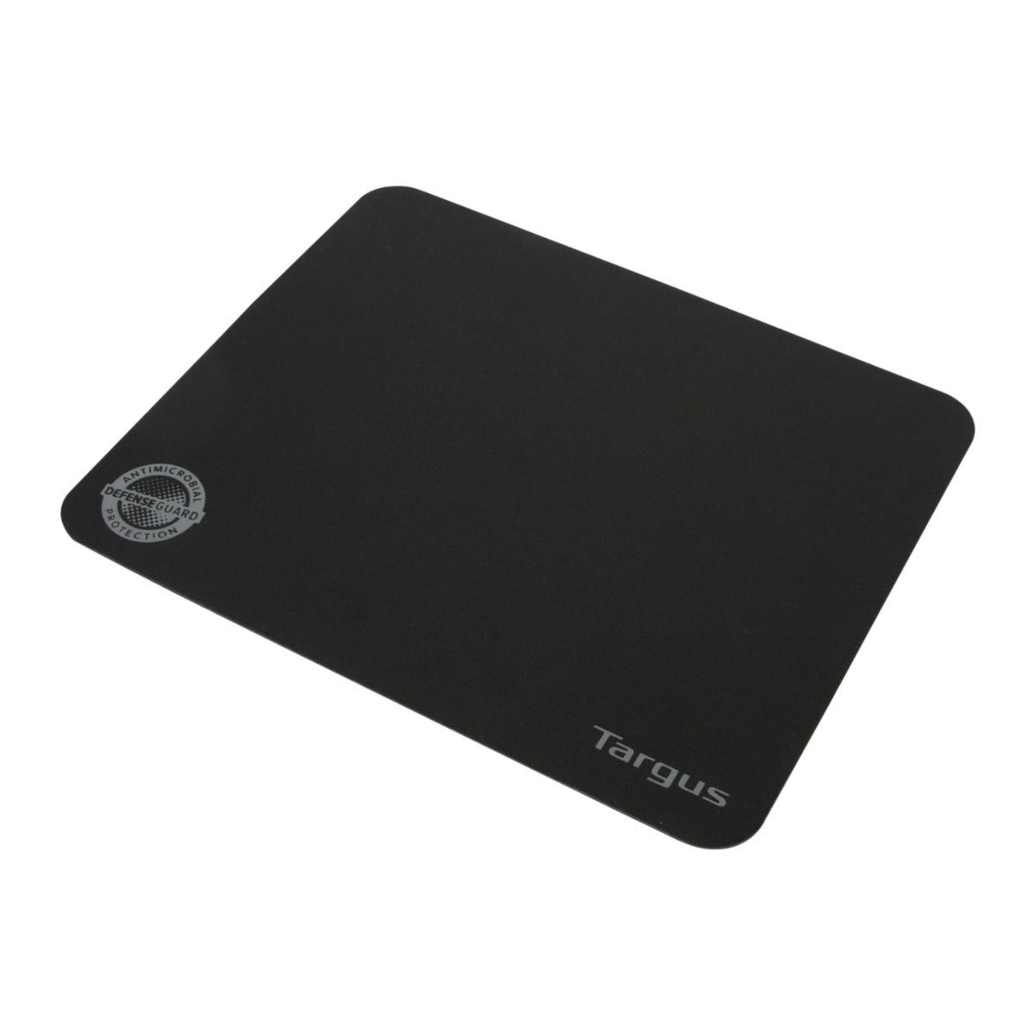 Alfombrilla Targus negra con logo. Protección antimicrobiana. Cuadrada con esquinas redondeadas sobre fondo blanco.