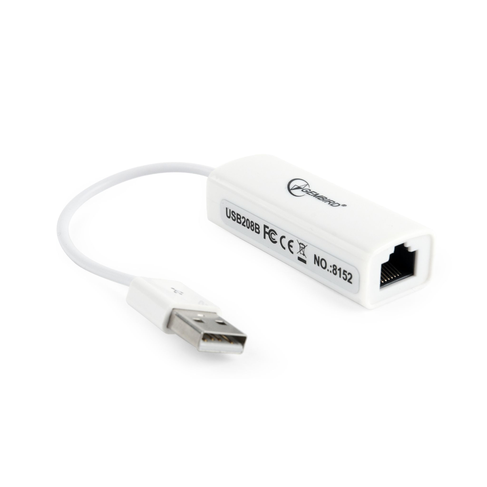 Adaptador USB a Ethernet blanco con conector USB-A y puerto Ethernet.