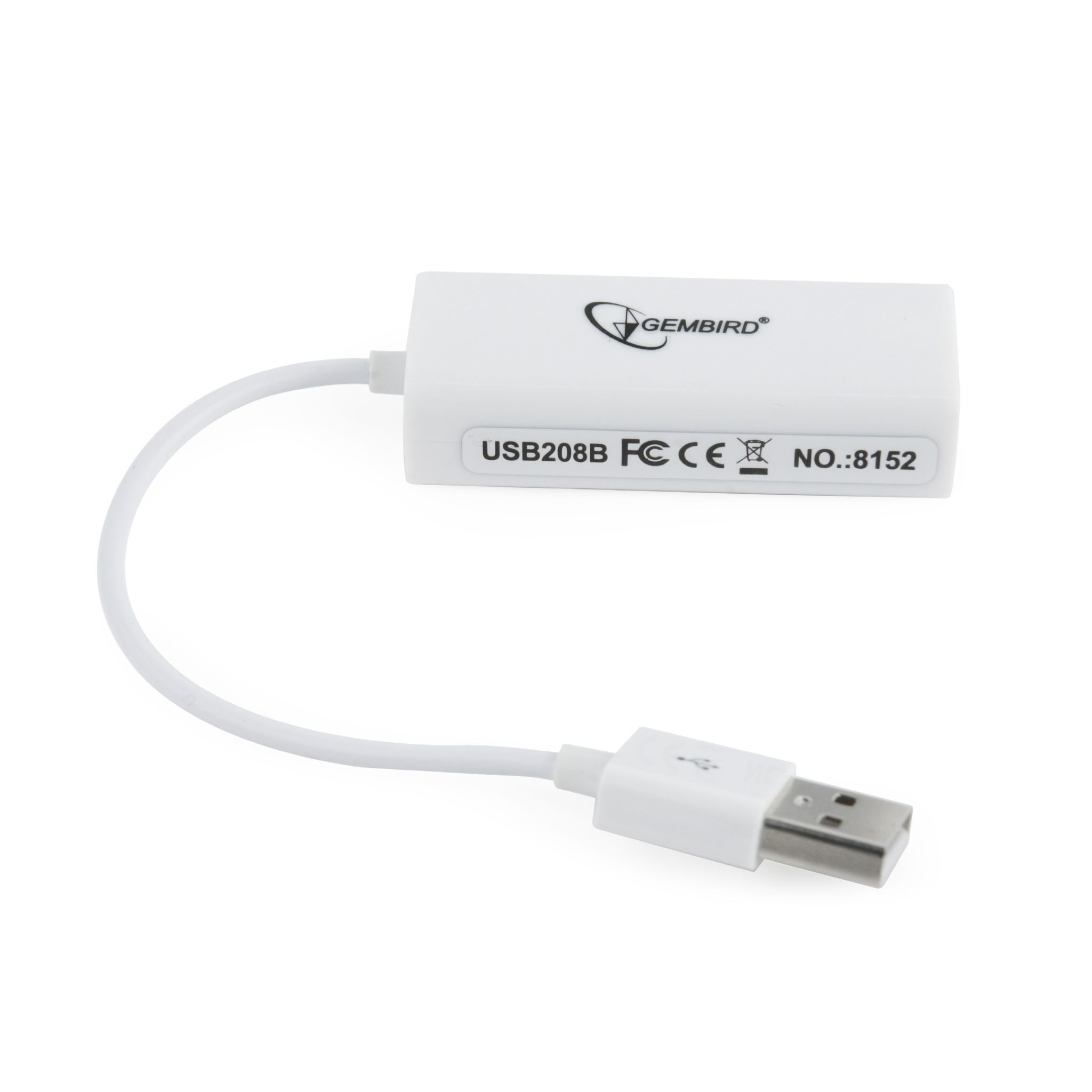 Adaptador USB blanco con logo GEMBIRD. Conector USB en un extremo, y puerto USB en el otro.