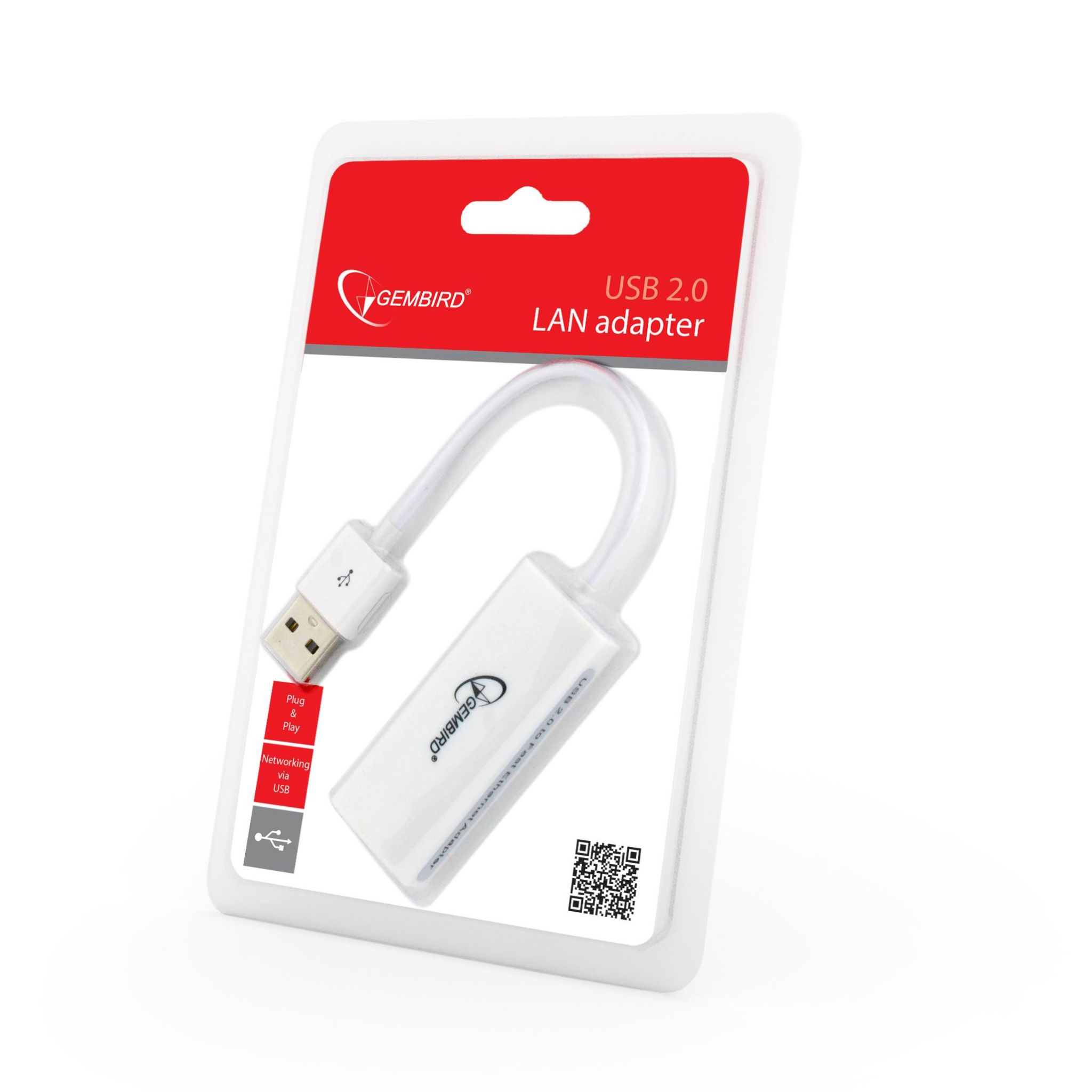 Adaptador LAN USB blanco en un paquete de plástico con texto y código QR.