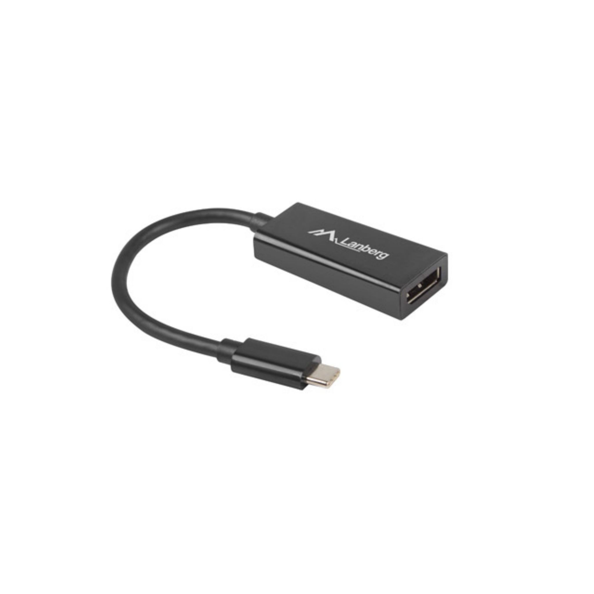 Adaptador de USB a USB-C negro con cable corto. Puerto USB en el lado derecho.