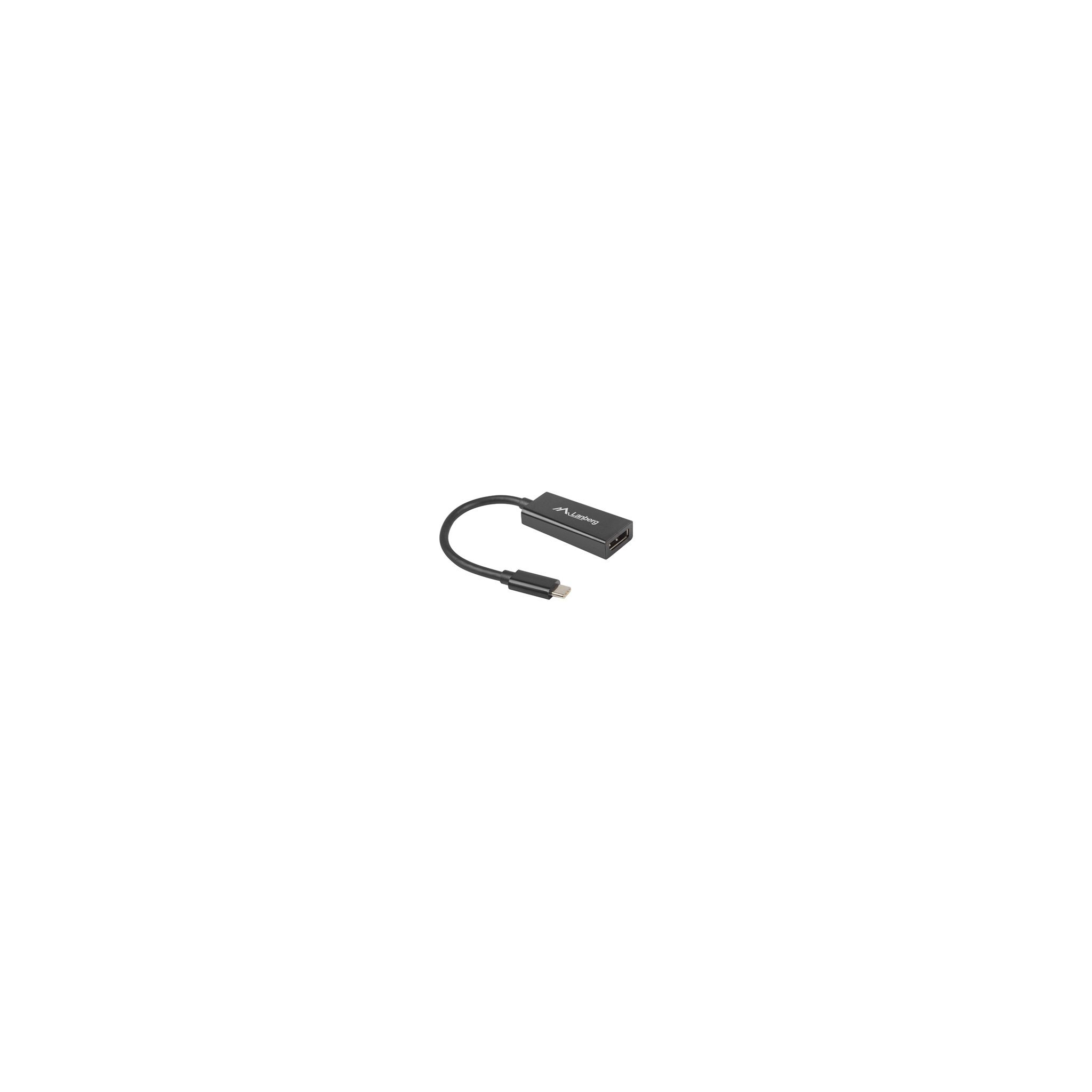 Adaptador USB-C negro con cable y marca.