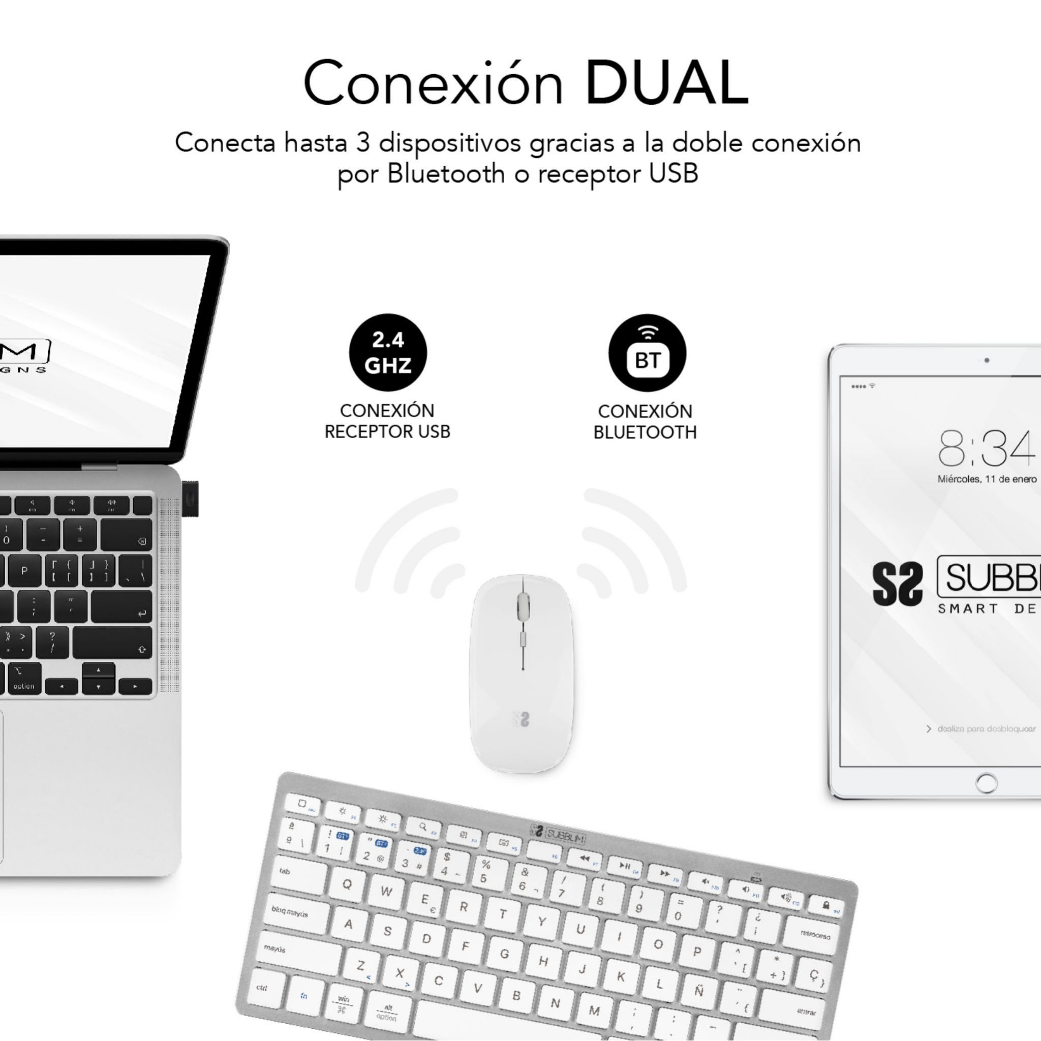 Configuración de escritorio: Laptop, ratón, teclado y tableta en blanco. Texto describe conexión dual por Bluetooth o USB.