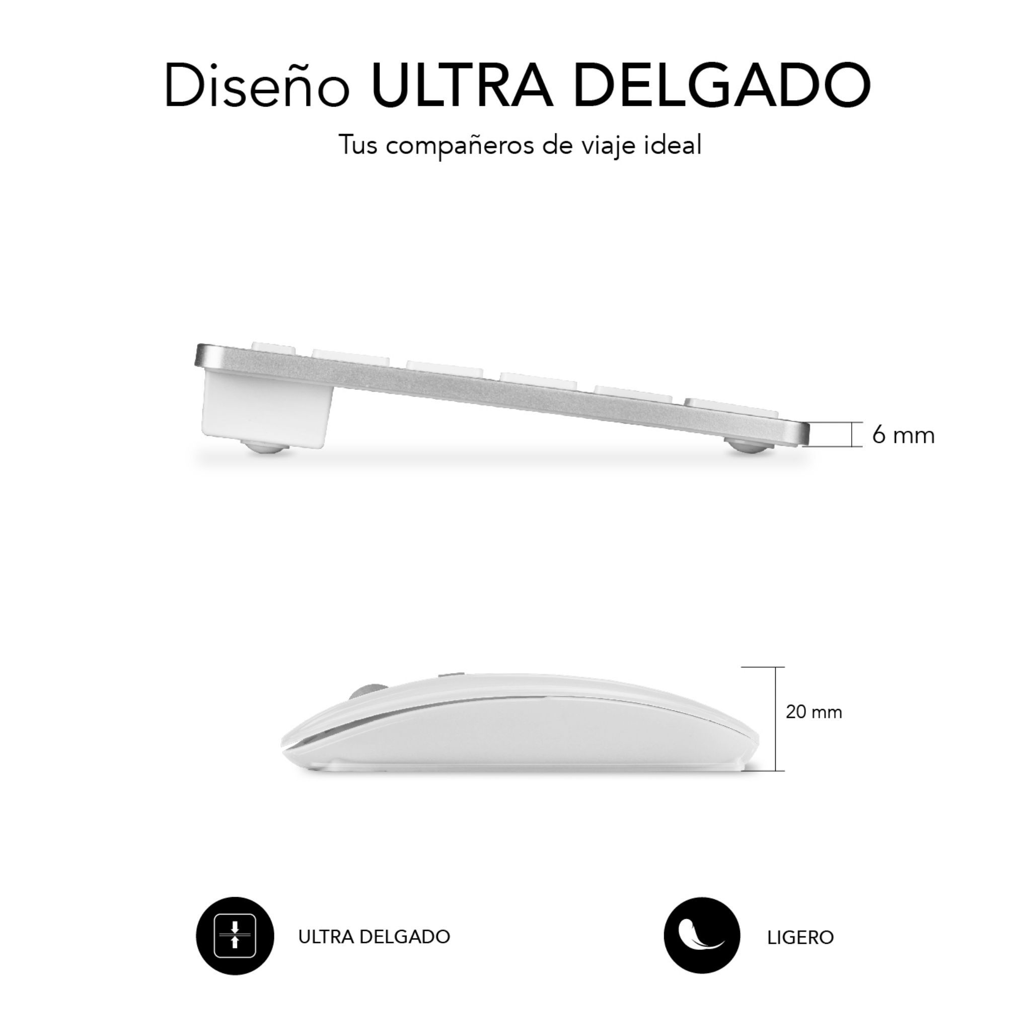 Teclado y ratón blancos, diseño ultradelgado. Se muestran las medidas. Texto: 'ULTRA DELGADO' y 'LIGERO'.