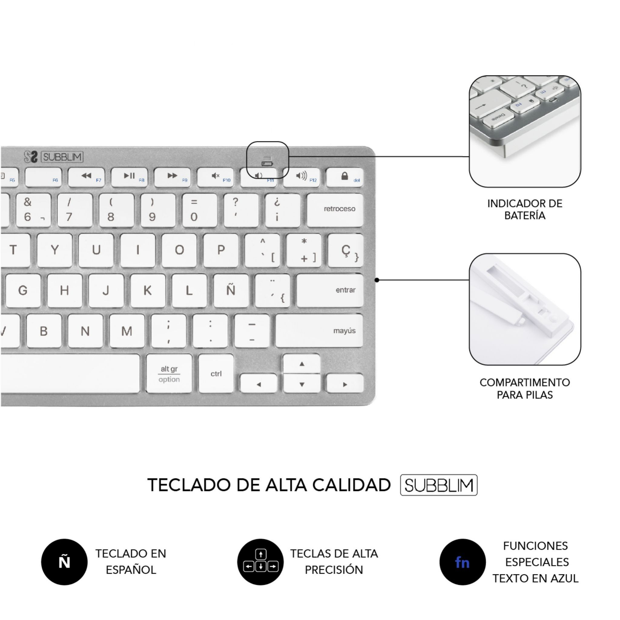 Teclado plateado con diseño español y funciones extra. Texto en azul visible.